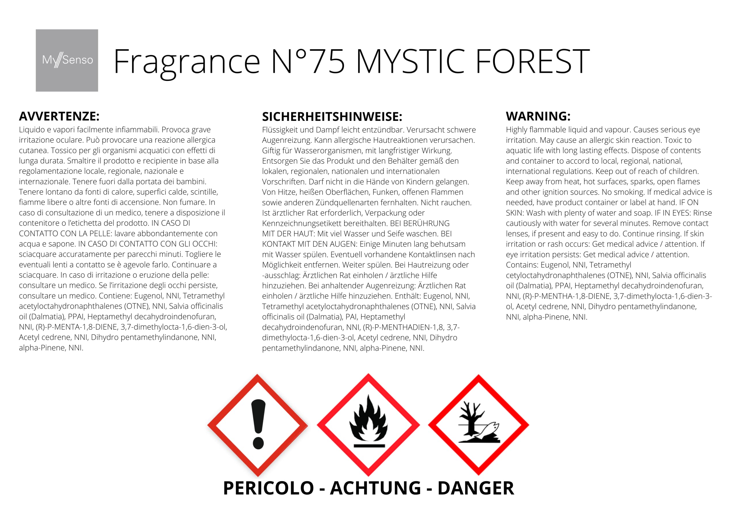 MySenso Alpine - N°75 Mystic Forest - Diffusore a Bastoncini con cembro bio - fragranza Alpina per casa e Ambiente - Profumo Fresco, legnoso – Confezione Regalo Elegante e sostenibile