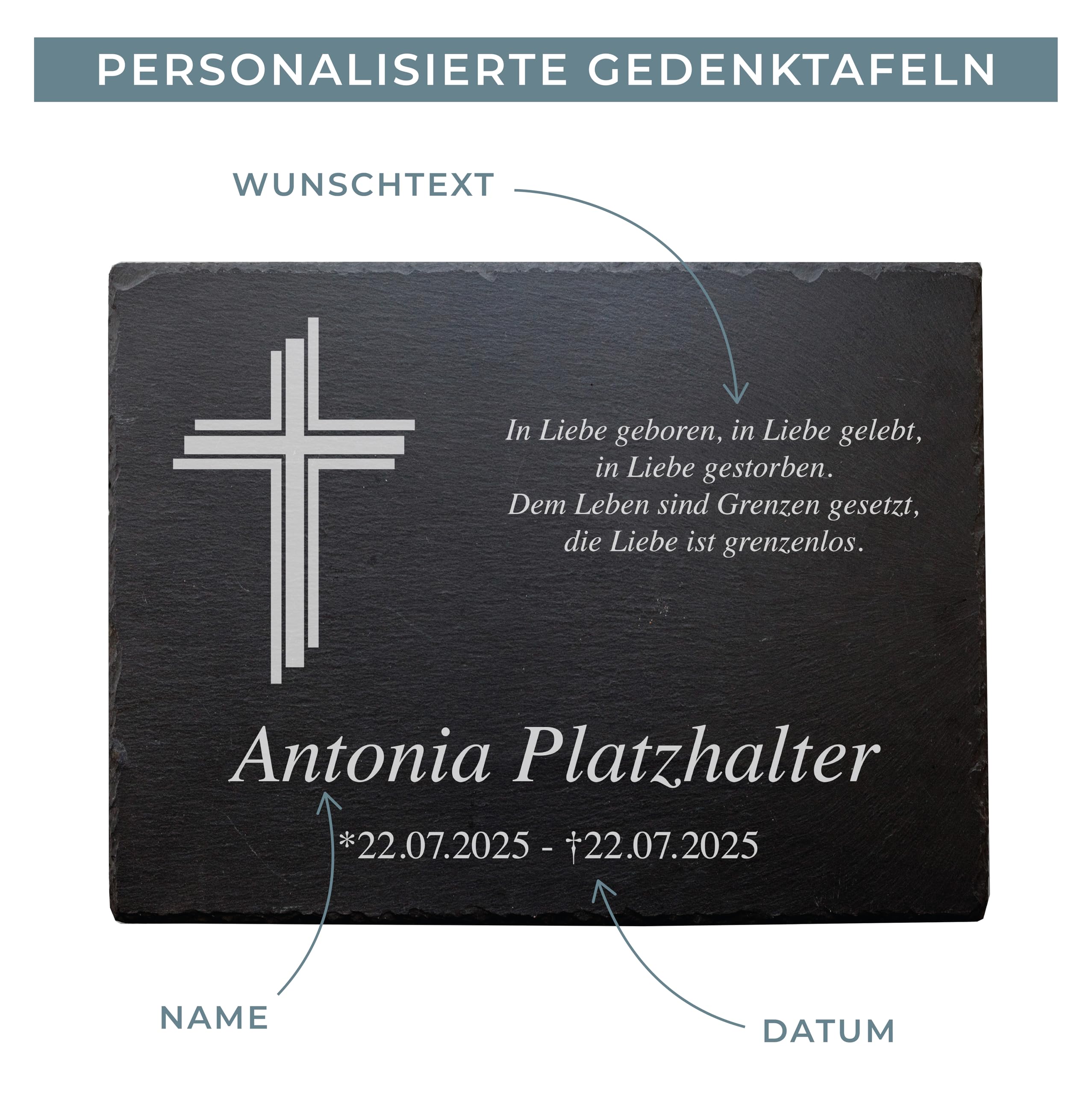 Grabstein Urnengrab - Grabplatte aus Premium Schiefer mit witterungsbeständiger Lasergravur | 30x20cm Menschen oder Haustiere | kostenlose Gravur mit exlusiven Edelstahlhalter