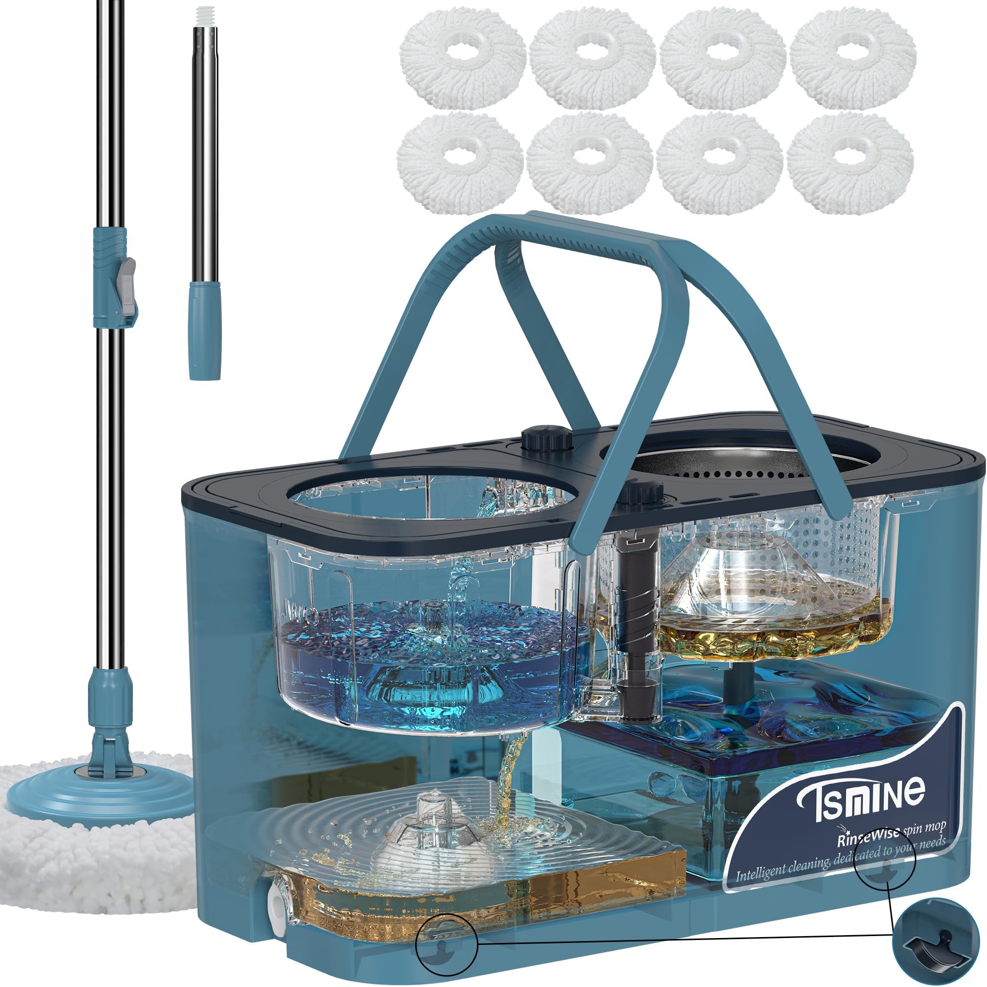 Gen 1 Large-Capacity Spin Mop and Bucket – for Big Homes & Deep Cleaning Days,4-Chamber System Separates Dirty & Clean Water, 2-GAL Heavy-Duty Design with Wheels & 8 Refill Mop Heads - Blue/Grey