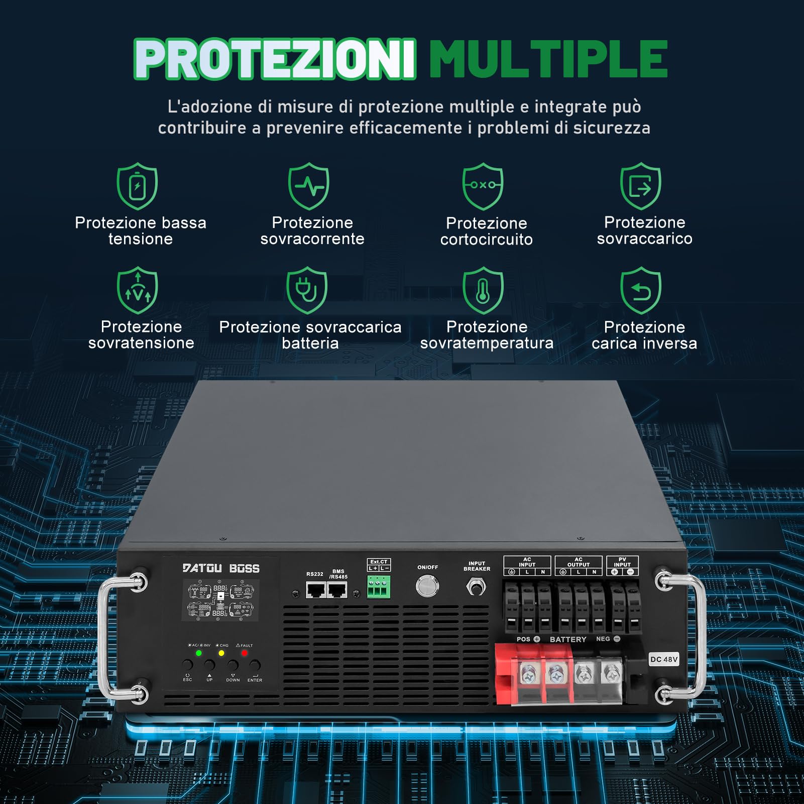 DATOUBOSS Inverter Ibrido Solare 6200W 48V Rack 3U, Inverter Onda Sinusoidale Pura con MPPT 120A, Ingresso PV 8500W, Modalità UPS, Compatibile con Batterie al Litio LiFePO4 48V, Schermo LCD