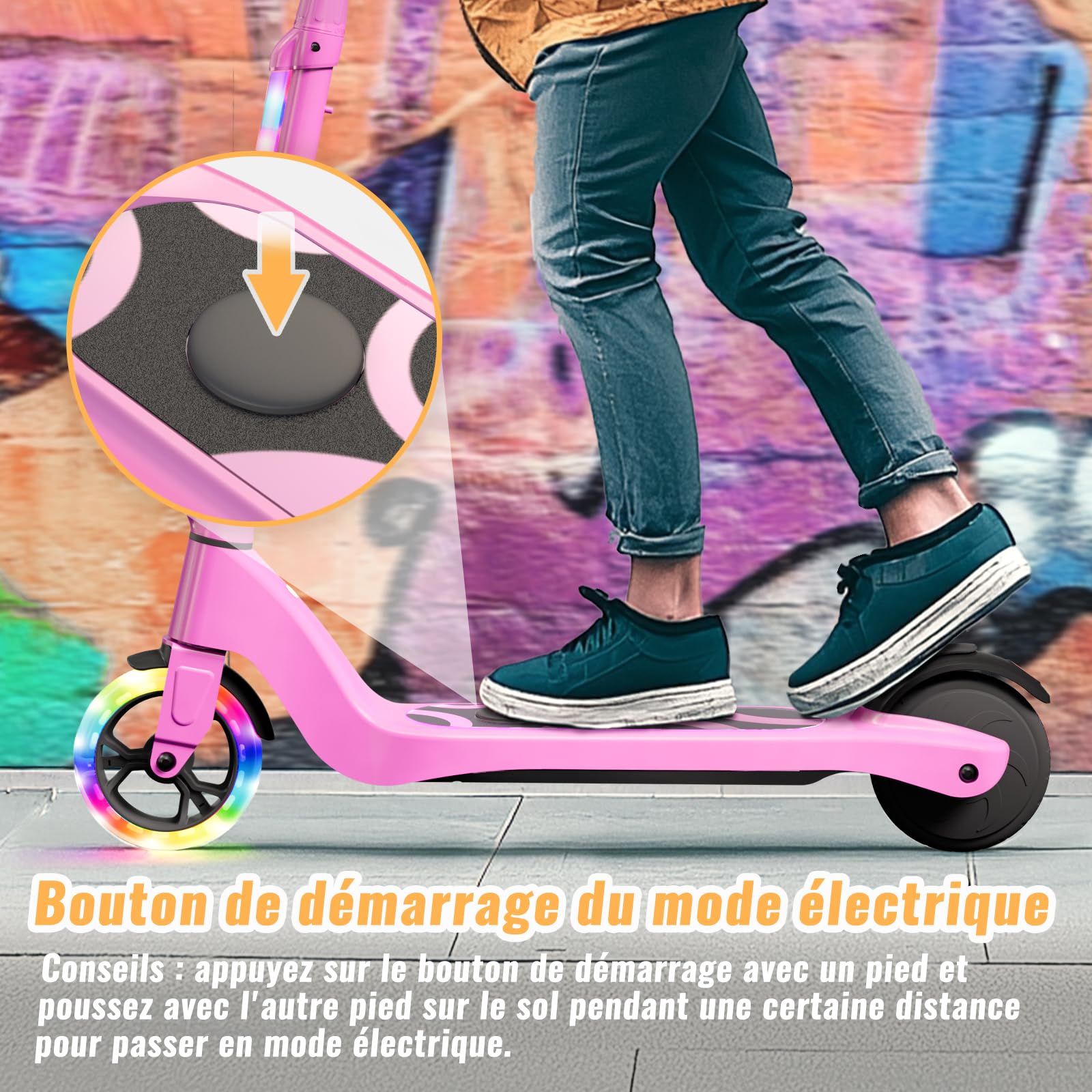 TST - Patinete eléctrico para niños de 6 a 8 a 10 años con luz LED Colorida y 3 Alturas Ajustables, 5,3 Pulgadas, Scooter eléctrico para niños, Carga máxima 70 kg, Velocidad máxima 10 km/h, autonomía