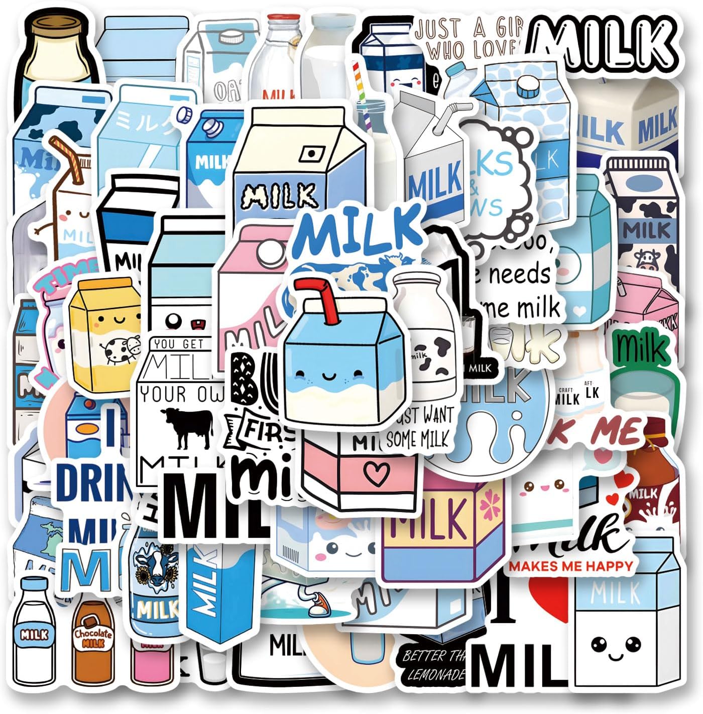62pcs Milk Stickers Pack, Aesthetic Vinyl Waterproof Sticker Decals for Water Bottle,Laptop,Phone,Skateboard,Scrapbooking,Bumper for Party Supply Decor Favor…