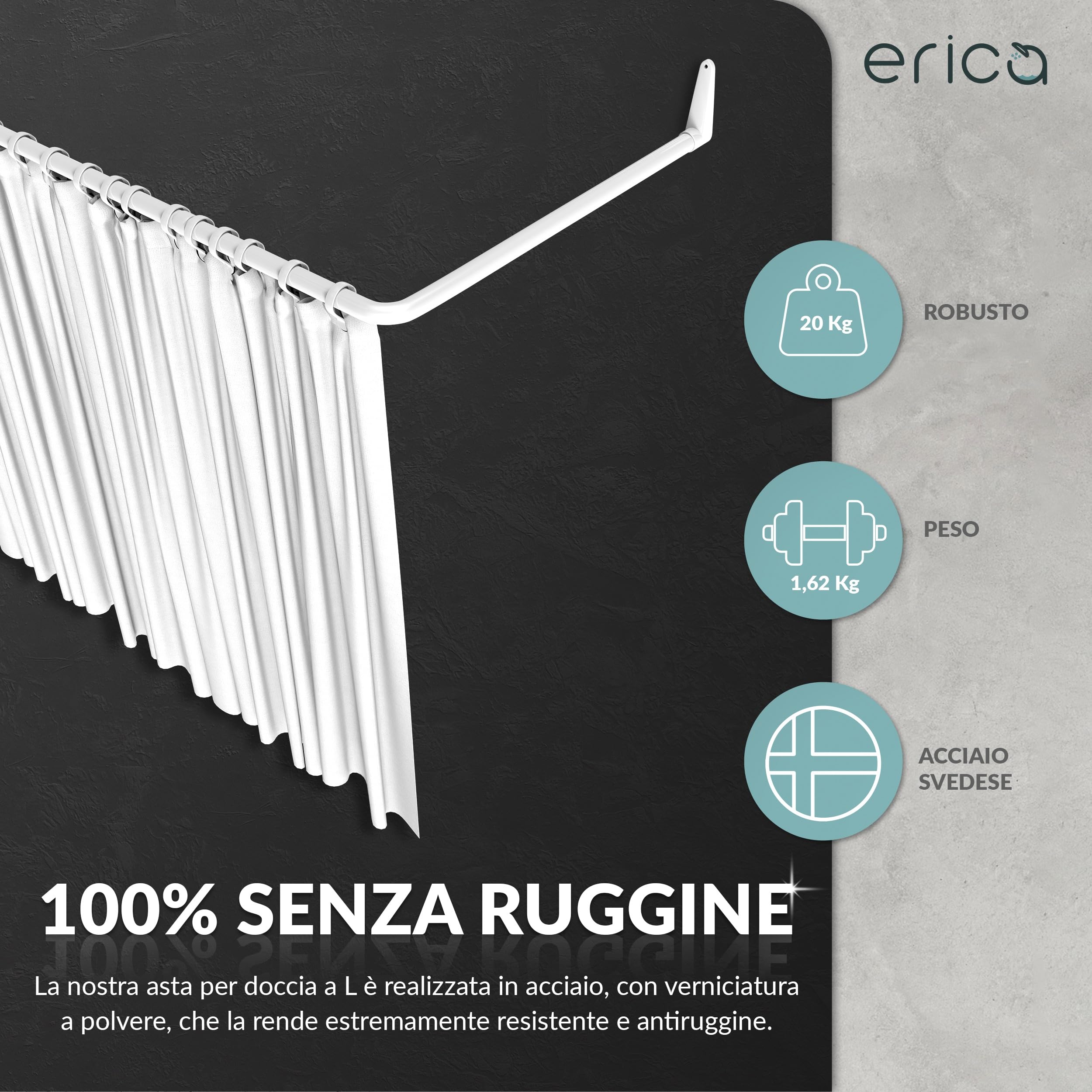 Erica Asta Tenda Doccia 12 Combinazioni, Bastone per Tenda Doccia Angolare e a U, Tubo Tenda Doccia, Supporto Tenda Doccia con Supporto Soffitto, Rivestimento in Plastica Senza PVC, 100% acciaio inox