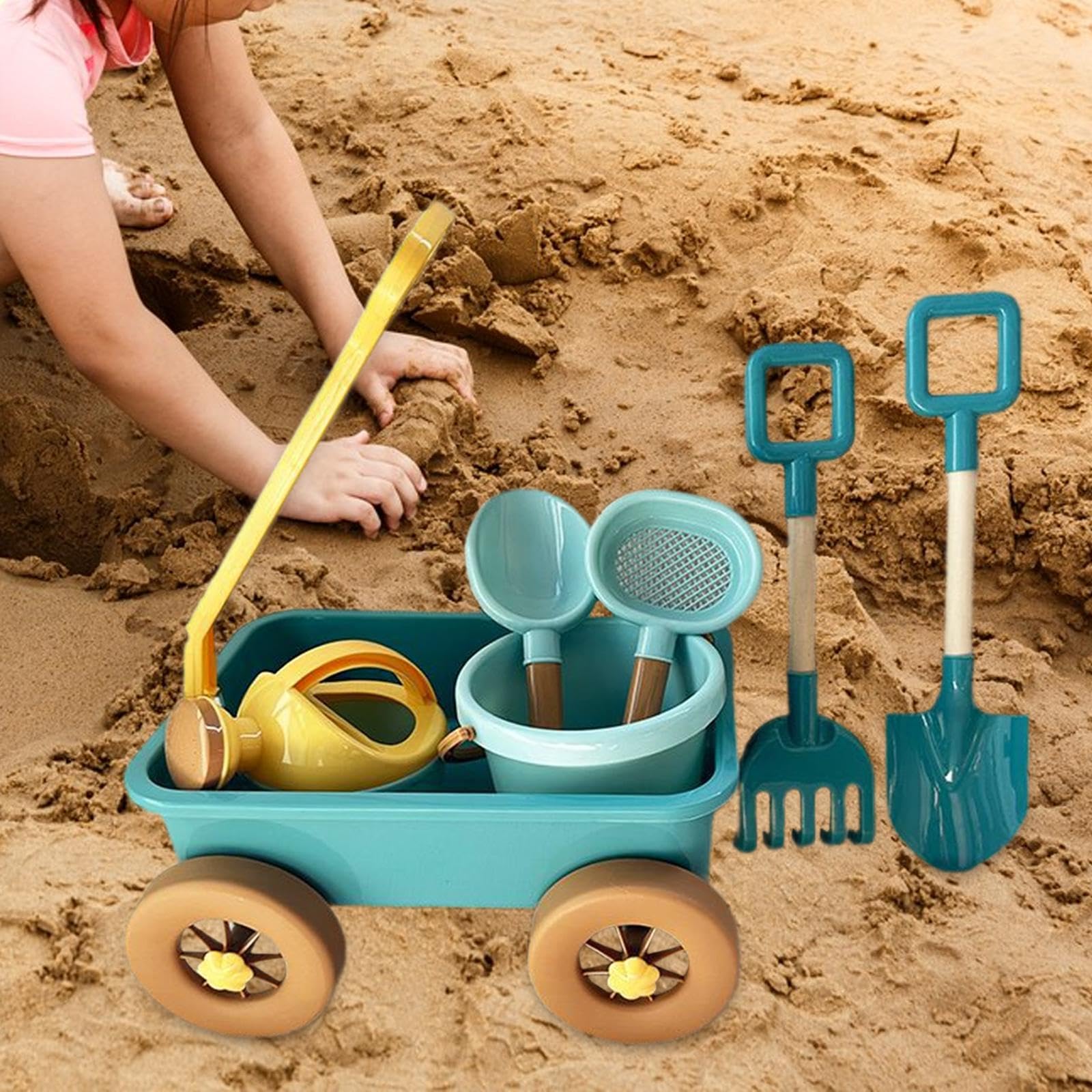 Spielzeug Eisenbahn Set für Draußen, Spielzeugwagen mit Werkzeug, Sandspielzeug, Handspielzeug, Strandspielzeug, Blau