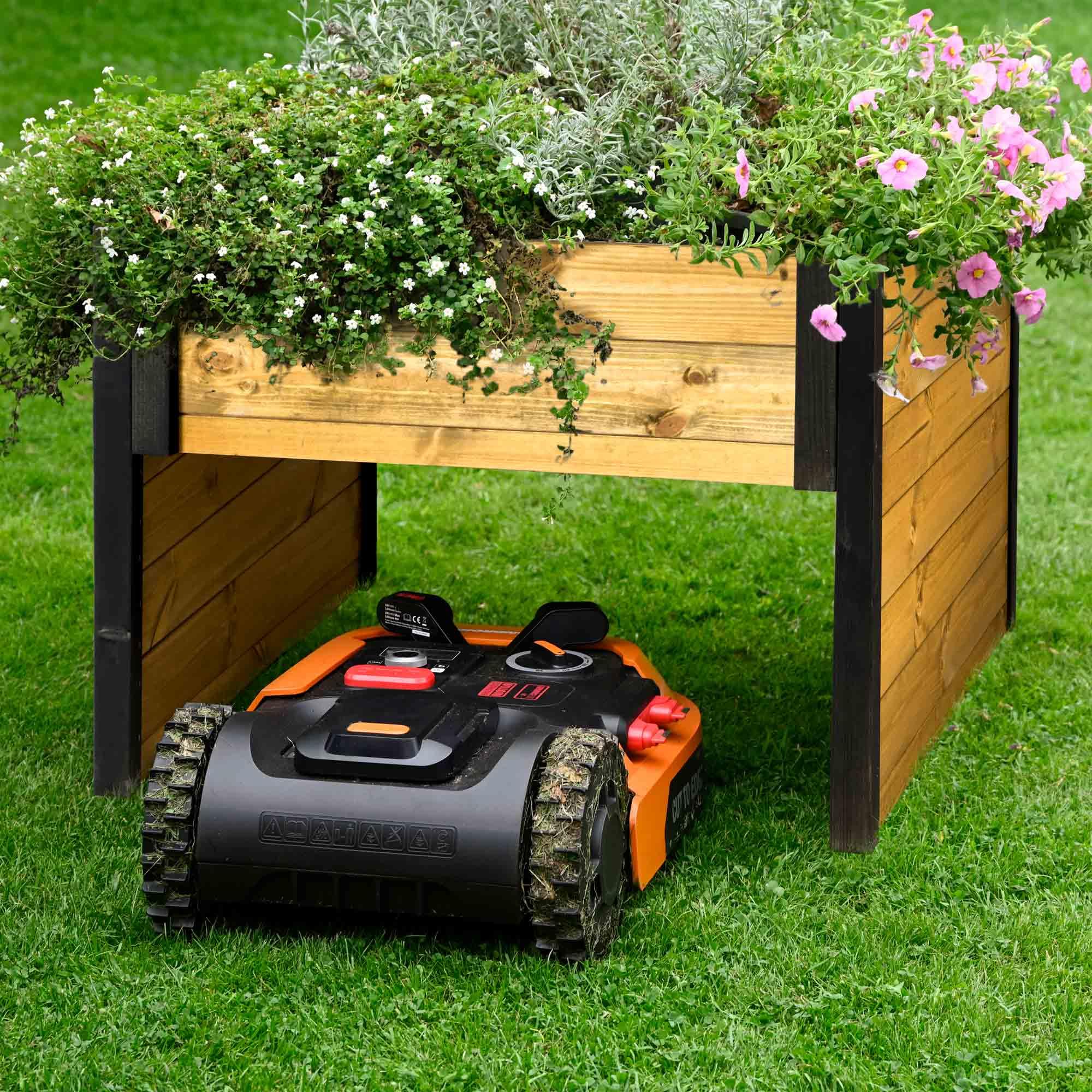 dobar® Green Label Garage pour Robot Tondeuse en Bois avec bac à Plantes et Laine de Mouton - Abri Automobile Bicolore - 79 x 73 x 56 cm - Noir/Marron