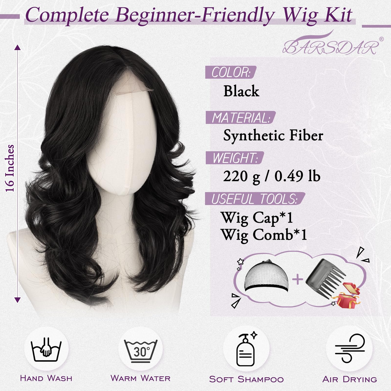 BARSDAR Courte Ondulée Noir Perruque, Shoulder Longueur Noir Perruque pour Femmes Courte Wave Textured Layered Perruques avec Face-Framing Curtain Bangs Synthétiques D'aspect Naturel Perruques Party