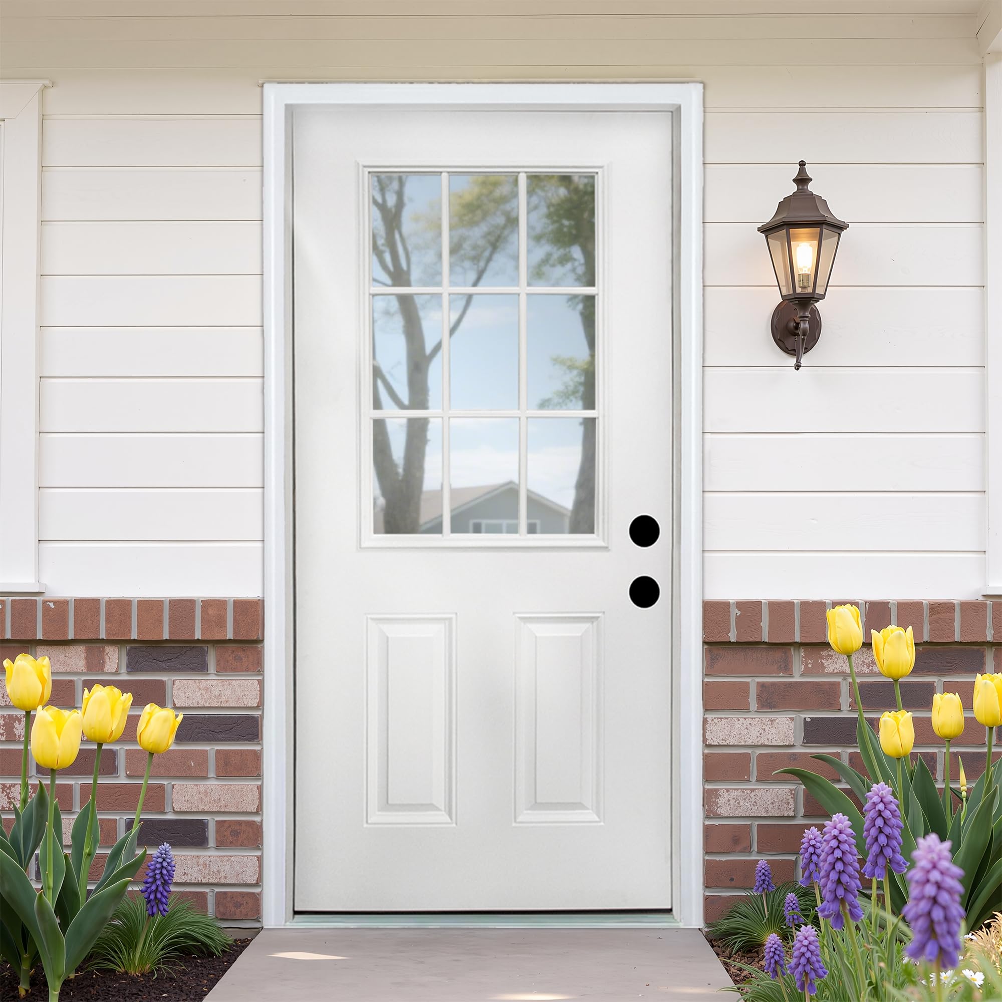 Casaphoria 36" x 80" Fiberglass Entry Door with 4-9/16" Vinyl Frame,Left Hand Inswing Exterior Door with Brickmould, 9- Lite Low-E Glass Primed Knock-Down Front Door for Home Entrance, White