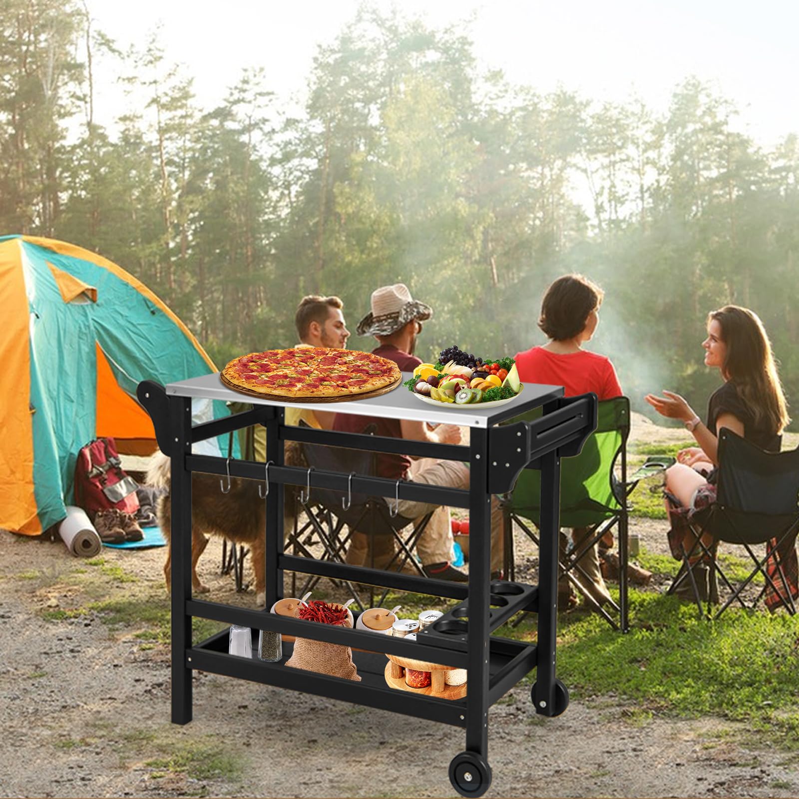 KOMFOTTEU Carro de Barbacoa con Encimera de Acero Inoxidable, Carrito de Jardín con 2 Ruedas, Estante para Botellas, Bandeja Inferior, 5 Ganchos, Mesa de Preparación de Alimentos para Picnic, Patio
