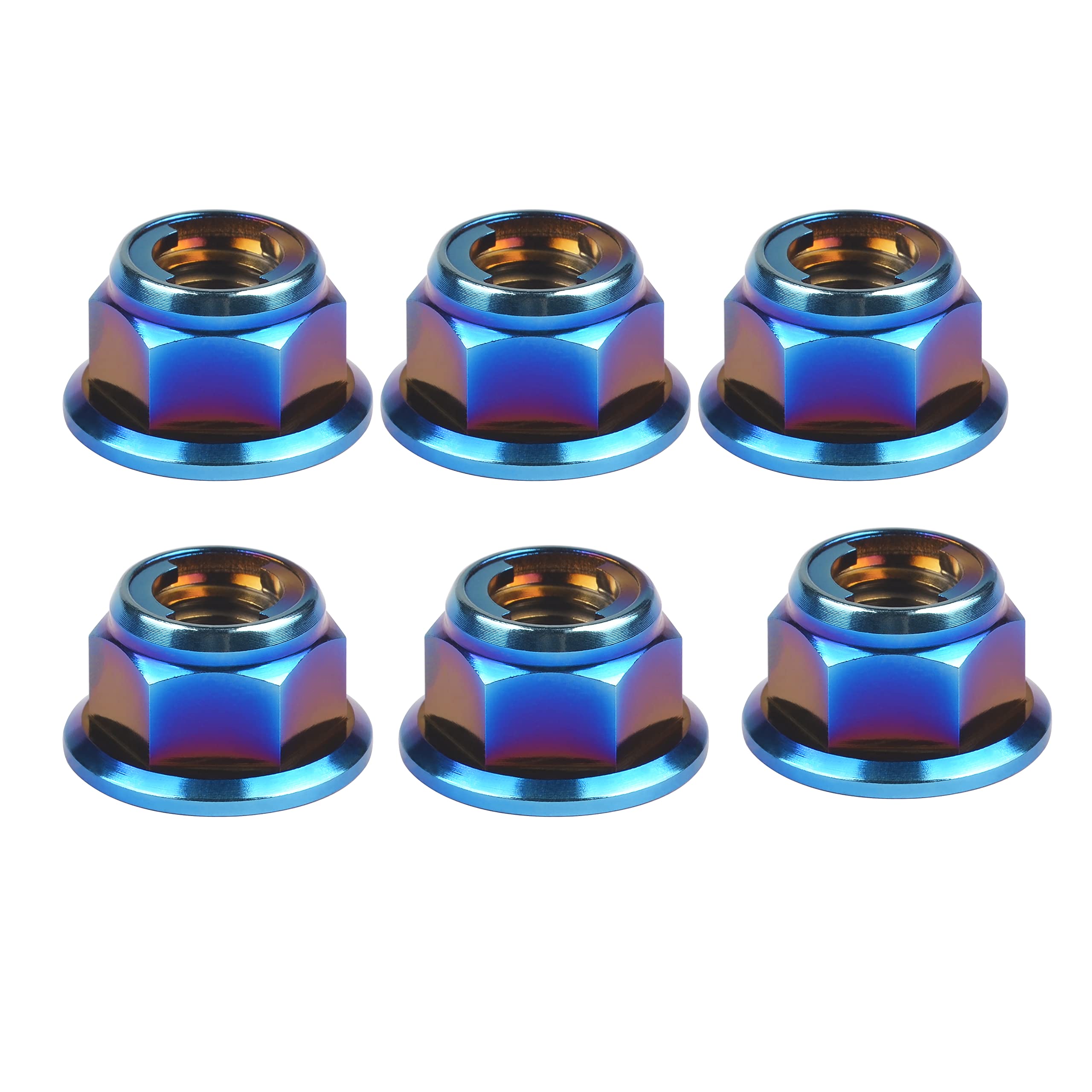Wanyifa Titanium Flanged Metal Lock Nut M6 M8 M10 M12 for Motorcycle Cars Pack of 6 (M12 Pitch 1.25mm, Burning Blue)