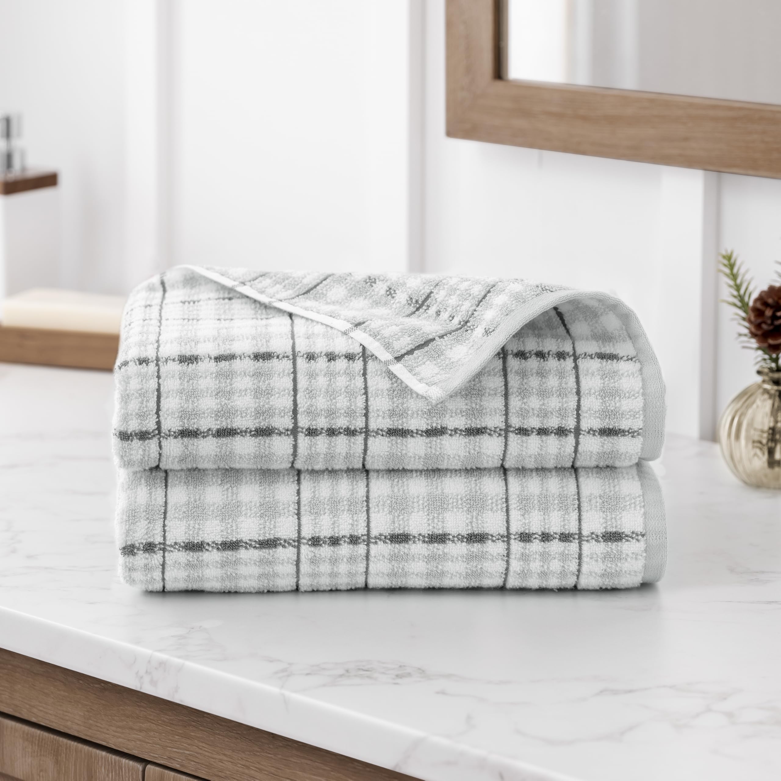 Martha Stewart Lodge Plaid Holiday Decor Jacquard 525 GSM 100% Cotton Hand Towels - Set of 2, Gray/White, 2 Reversible Christmas Hand Towels