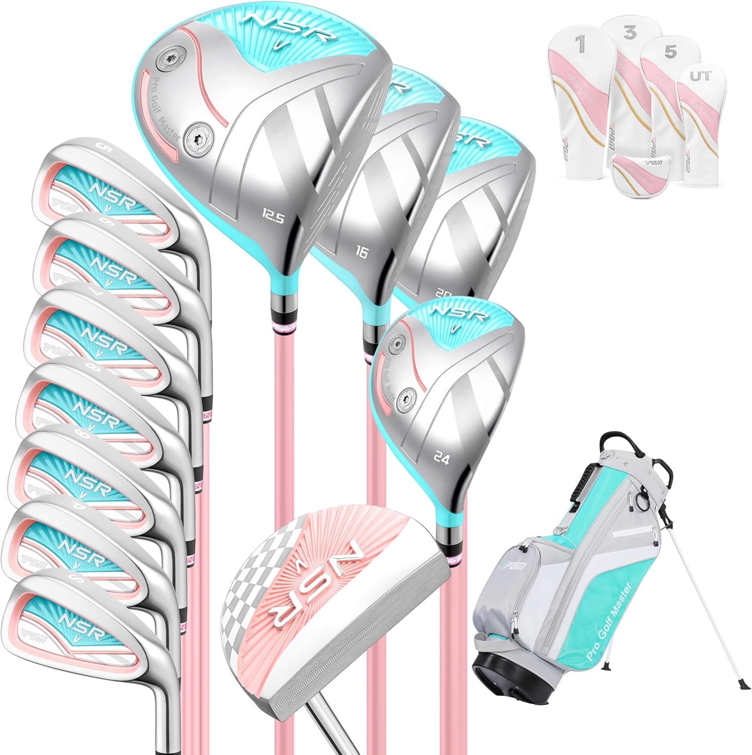 PGM 18 Piece Women's Golf Clubs Full Set for Right Handed, Complete Golf Set for Beginner to Intermediate Golfers with Driver, Woods, Hybrid, Irons, P/S Wedges, Putter, Headcovers and Stand Bag Pink Blue - Image 1 of 10