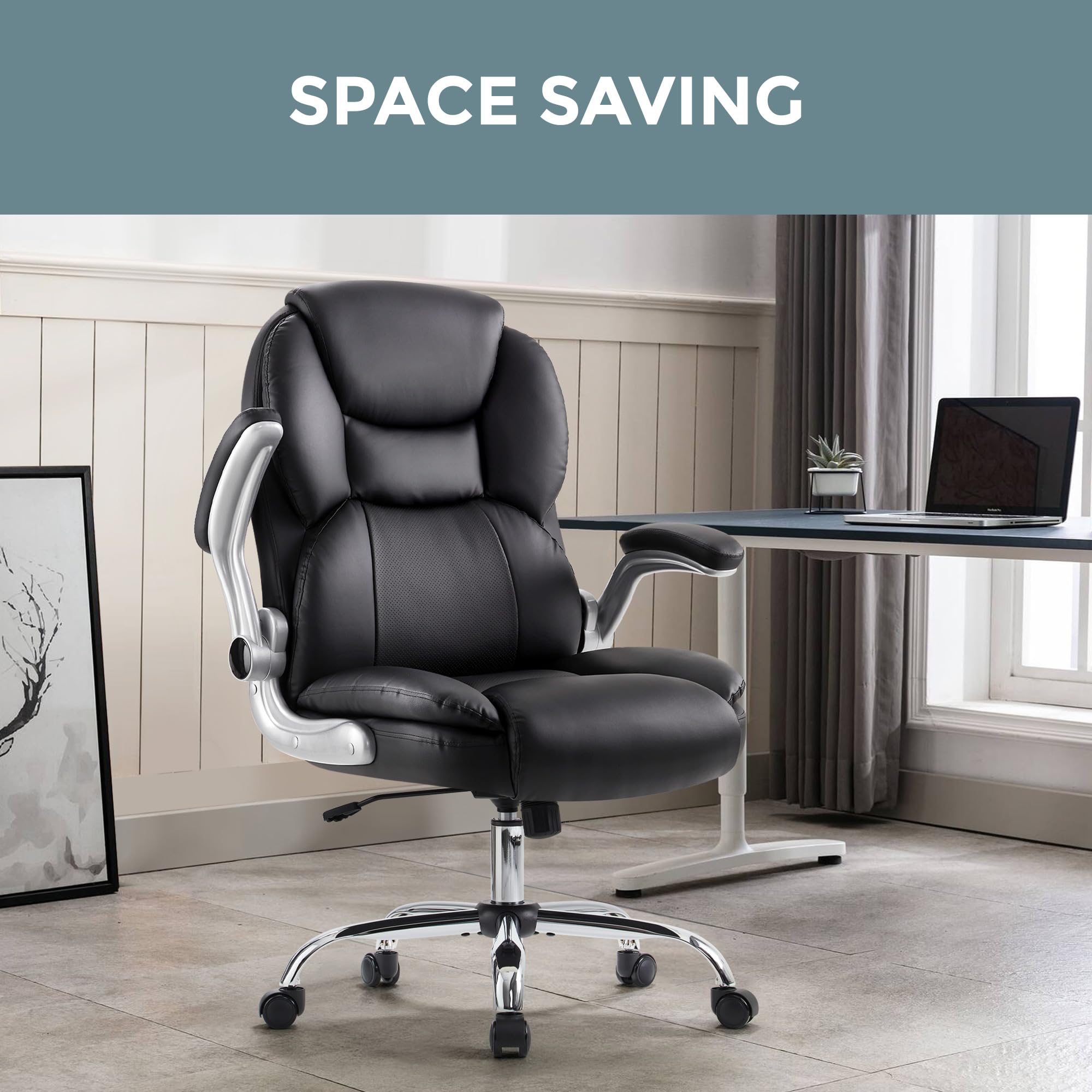 IWMH Großer und hoher Bürostuhl 180KG, Schreibtischstuhl Ergonomisch | Chefsessel Computerstuhl mit hochklappbarer Armlehne, höhenverstellbar, Drehbarer Arbeitsstuhl für das Homeoffice, Schwarz