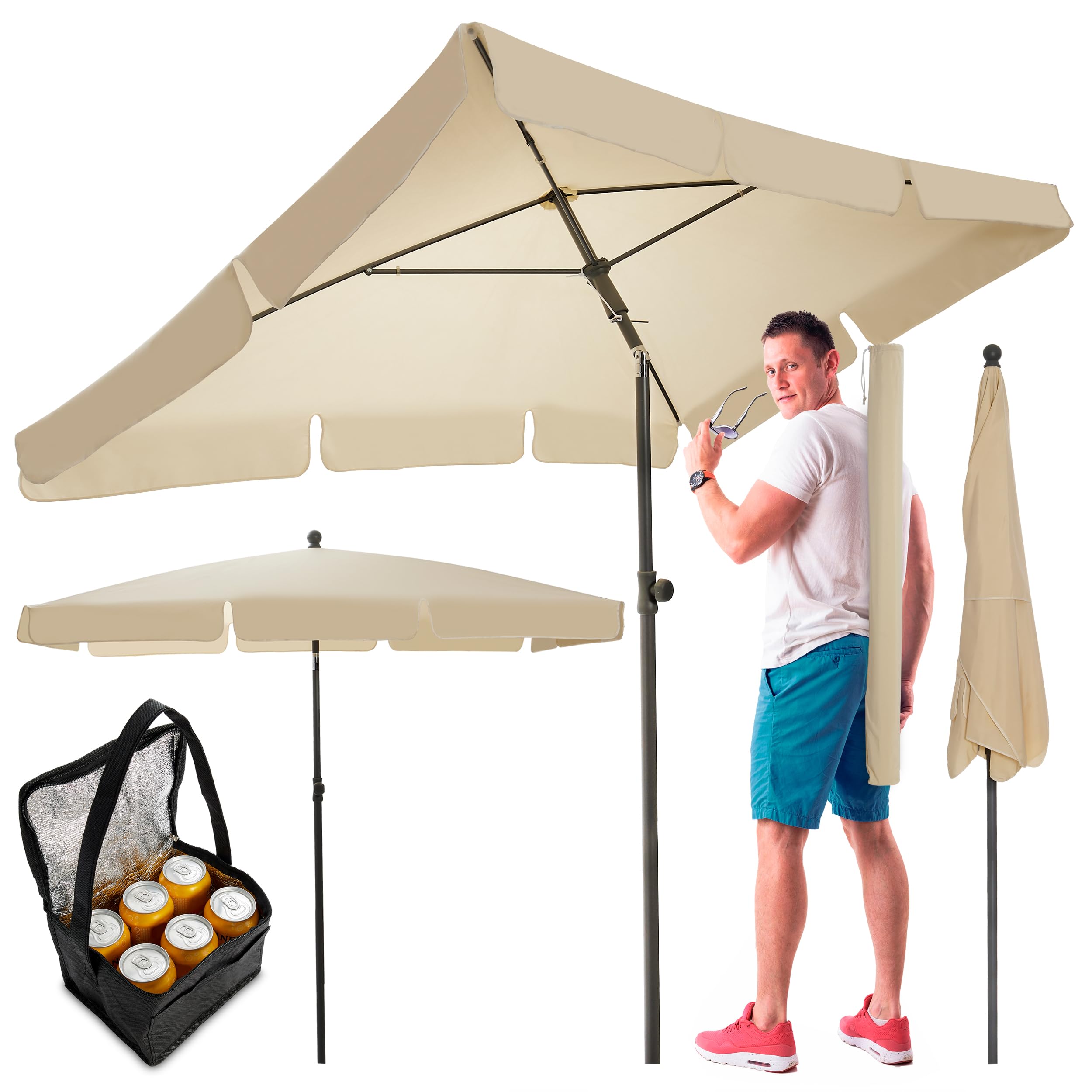 TOM höhenverstellbarer rechteckiger Sonnenschirm mit Schutzhülle für Balkon, Garten & Terrasse – kleiner 125 x 200 cm Gartenschirm in Anthrazit oder Beige – 45° knickbar – PLUS Geschenk