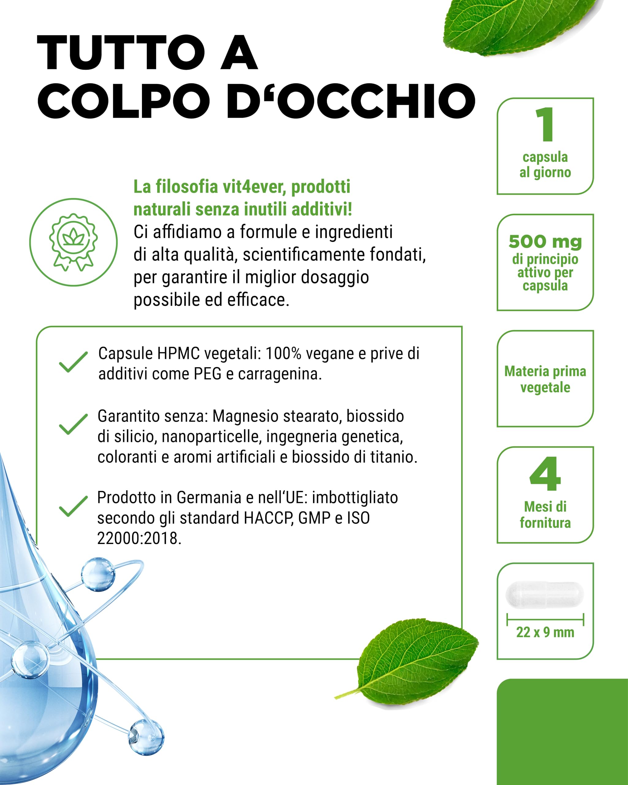 Acido ialuronico - 120 capsule con 500 mg di acido ialuronico per 4 mesi - 500-700 kDa - Da fermentazione vegetale - Senza additivi indesiderati, altamente dosato, vegano