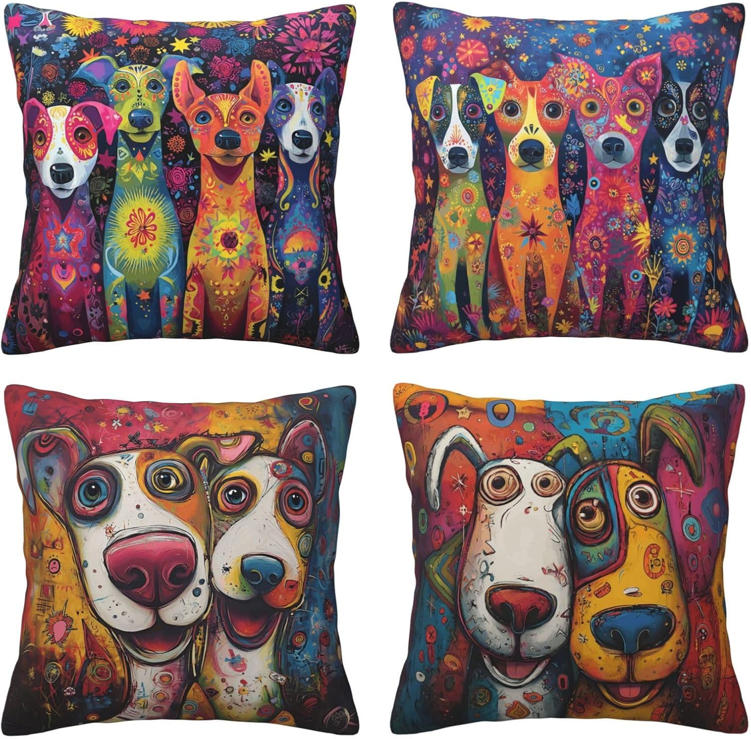 Colorful Dog Throw Pillow Covers 4pcs Soft Cushion Cases Holiday Farmhouse Home Decor for Sofa Bed Couch Porch 18x18 Inch