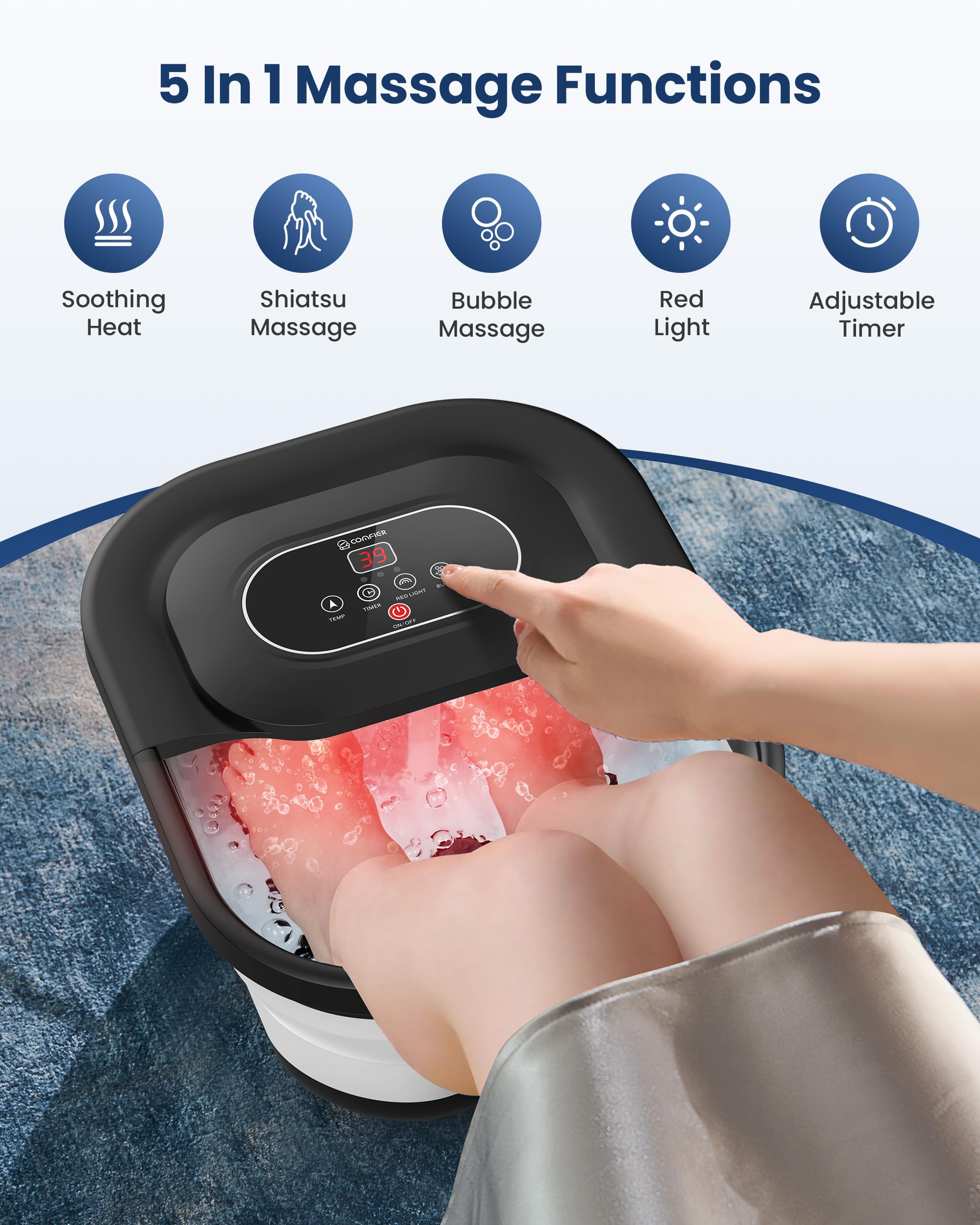 COMFIER Spa per Pies con Función de Calor Baño de Pies con Función de Burbujas y Vibración, Control de Temperatura, Piedra Pómez para Pedicura, Temporizador Inteligente, Regalos para Mujeres(Negro)