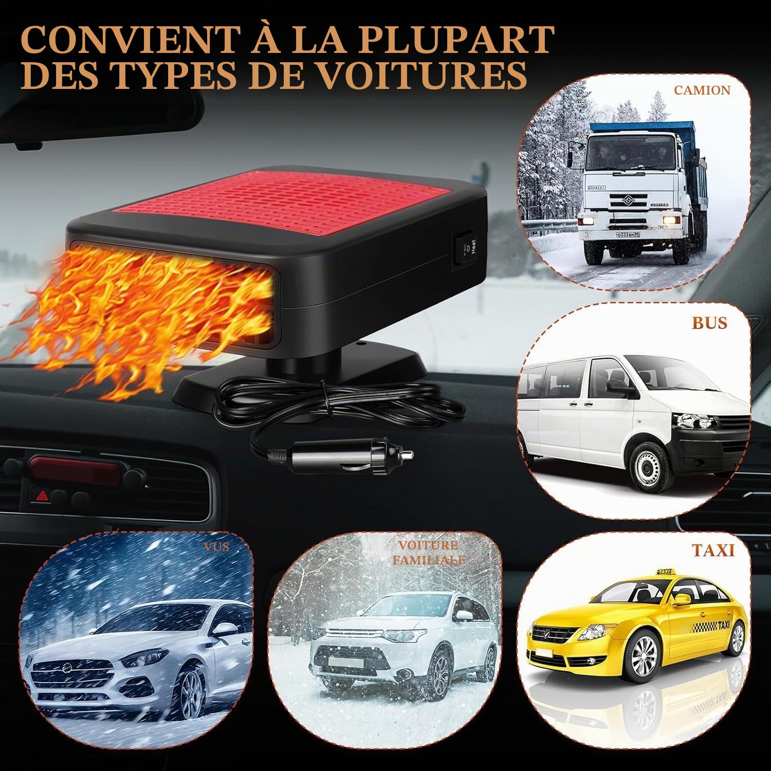 Chauffage de Voiture Portable 12V 200W - Prise Allume-Cigare - Fonction Chauffage/Refroidissement 2 en 1 - Dégivreur Rotatif à 360° - pour Voitures et SUV