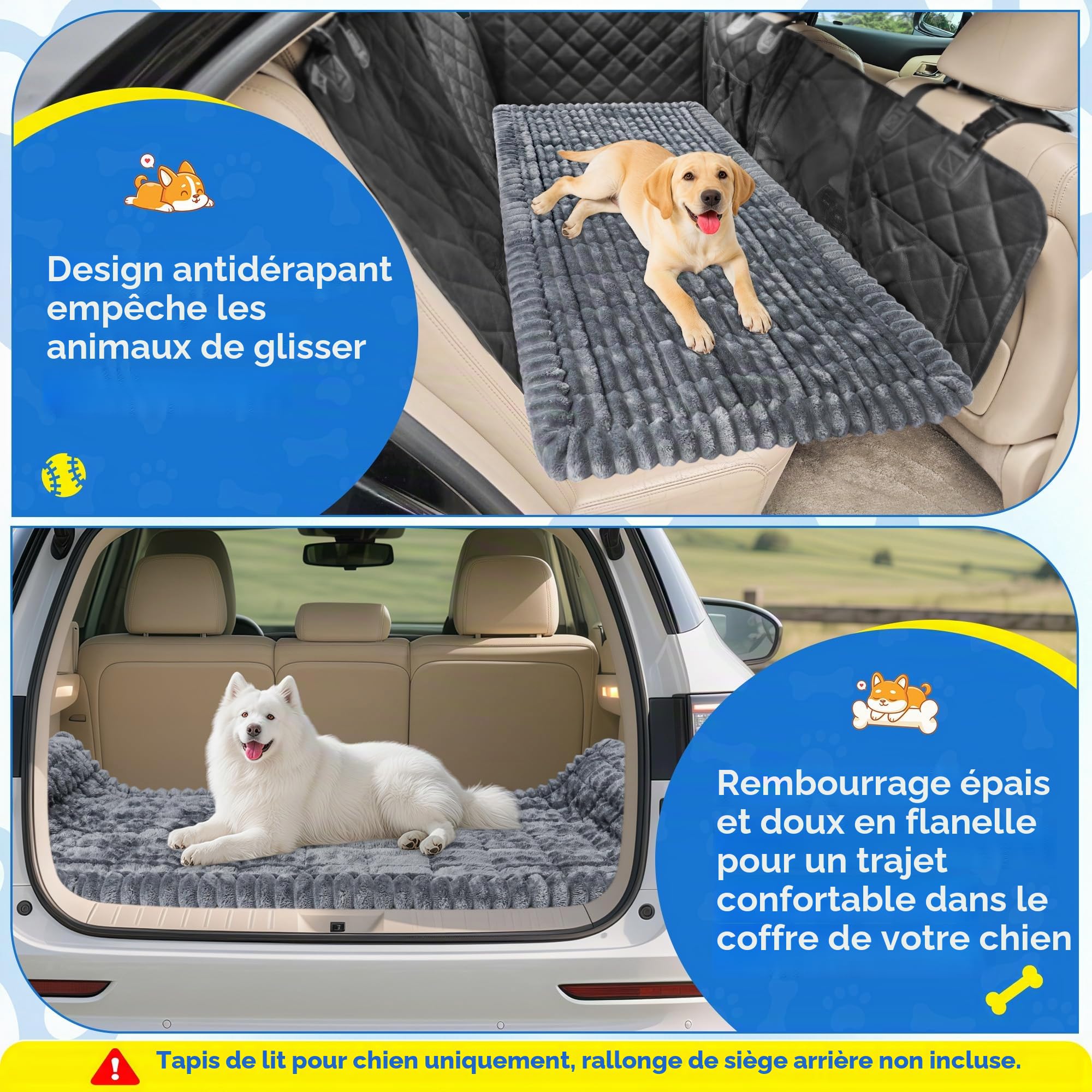 Loiion Tapis Auto Chien Anti-Dérapant Flanelle 127x62x3cm Gris