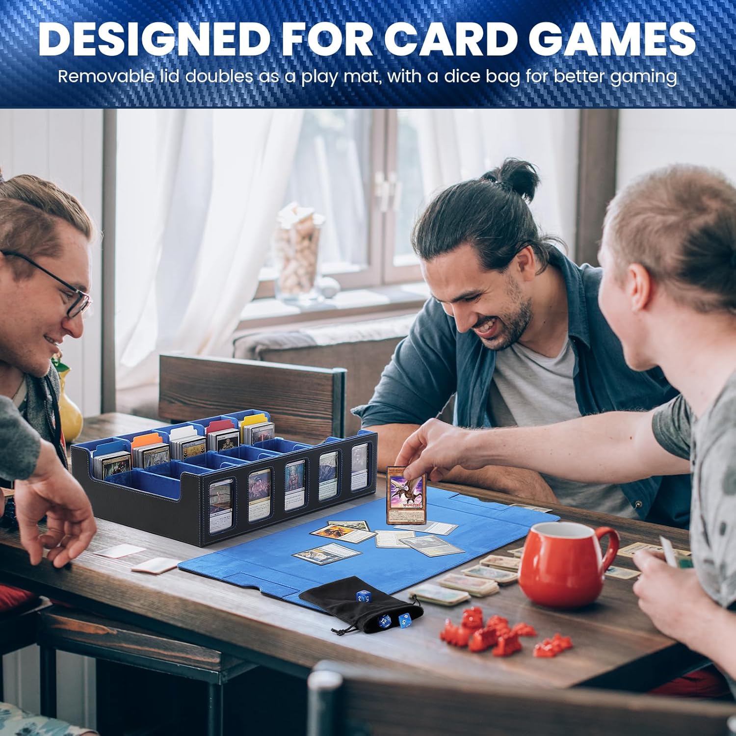 Trading Card Storage Box with Handle, 5-Row Portable Leather Game Case for 4000+ Cards,Blue Card Collection Box with Commander Display Window for MTG, Yugioh, and Sports Cards,Gifts for Card Collector