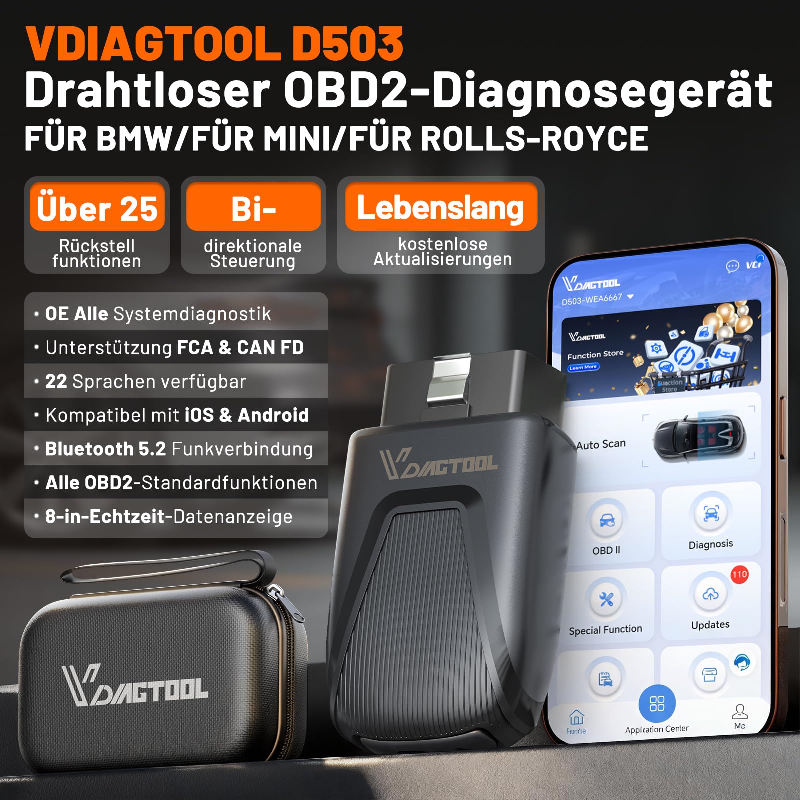 VDIAGTOOL D503 OBD2 Diagnosegerät für BMW/Mini/RR, ECU-/Offline Codierung,Bidirektionales Fahrzeugdiagnose Scan-Tool mit über 25+ Resets, Batterieregistrierung, Lebenslang Updates