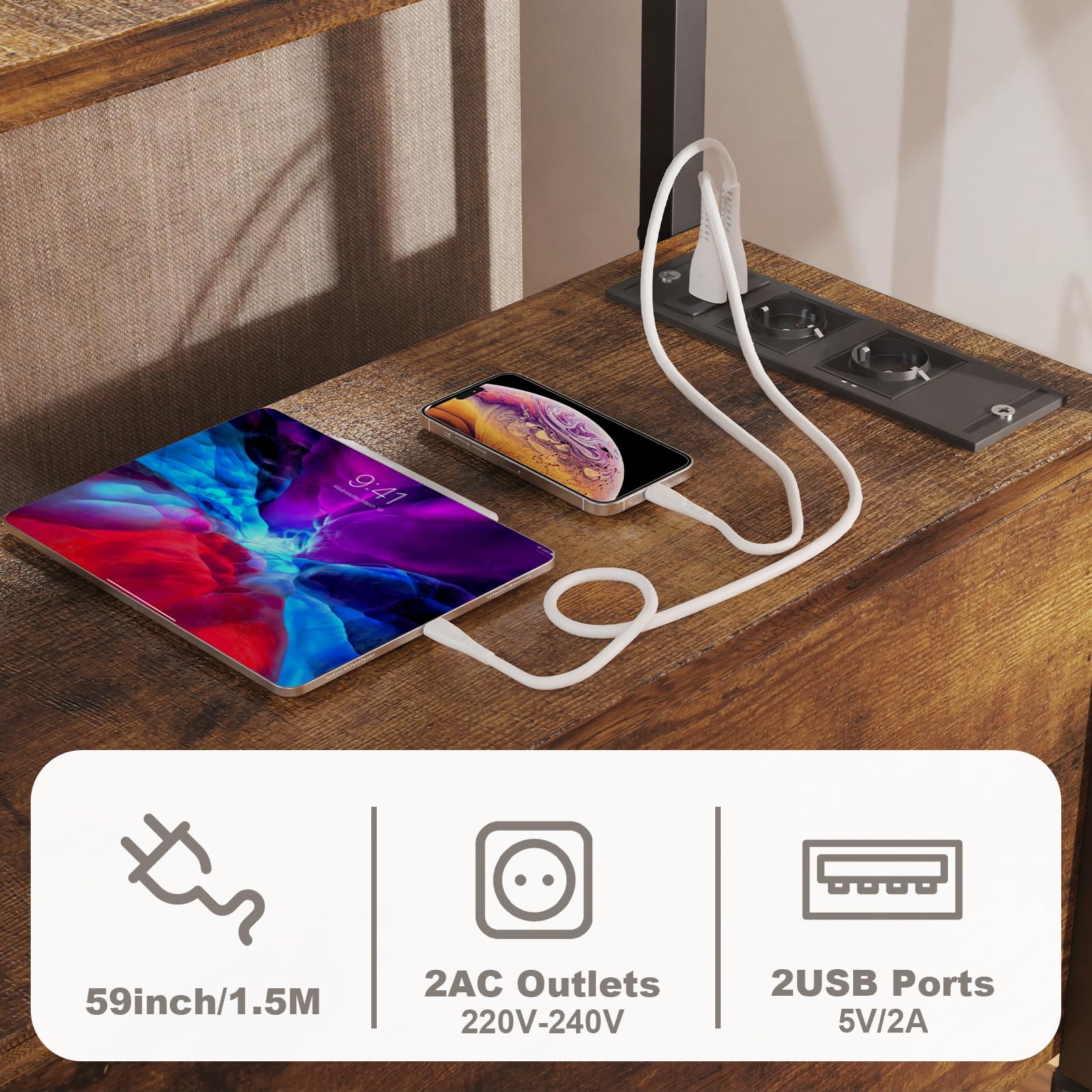 PIPIPOXER Lot de 2 Table d'Appoint avec Station de Charge (2 Prises CA, 2 Ports USB), Table de Chevet avec 2 Tiroirs et 1 Étagères, Table de Nuit