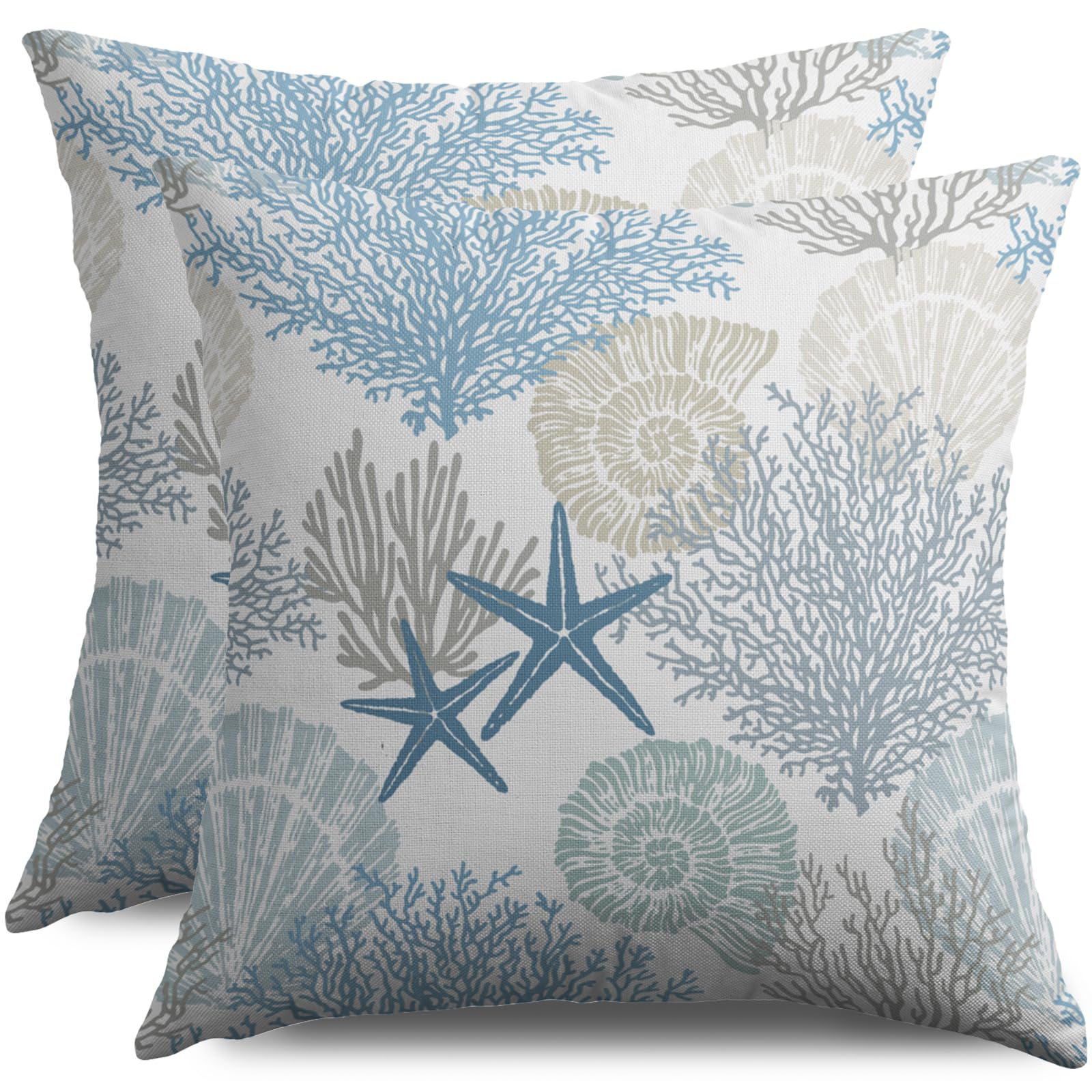 Coastal Beach Pillow Covers 18X18 Set of 2, Nautical Themed Sea Starfish Summer Beachy Ocean Style Print Decorative Throw Pillowcases Outdoor