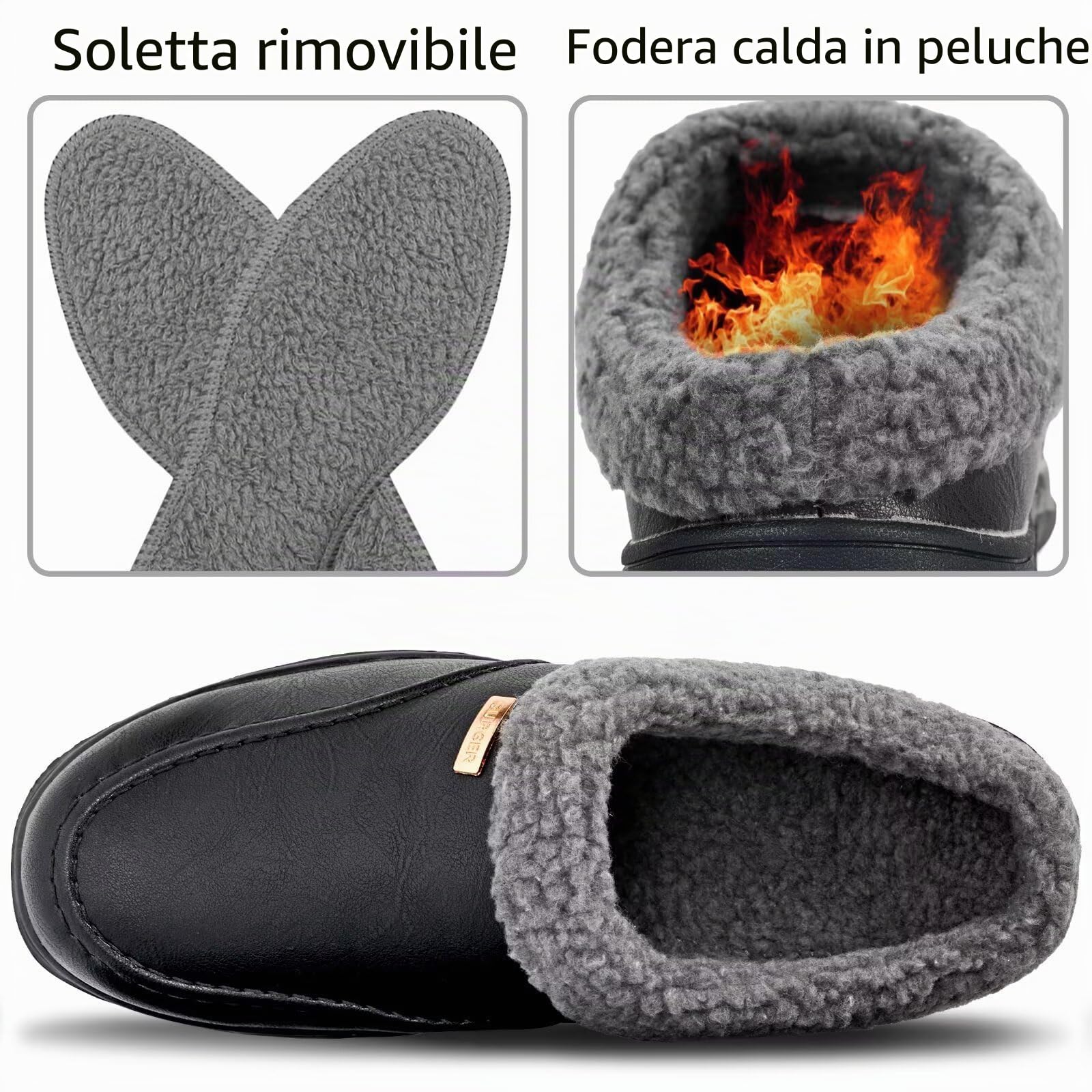 Pantofole Uomo Pelle Invernali Fodera Calda Zoccoli e Sabot Antiscivolo Comode Peluche Ciabatte da Casa