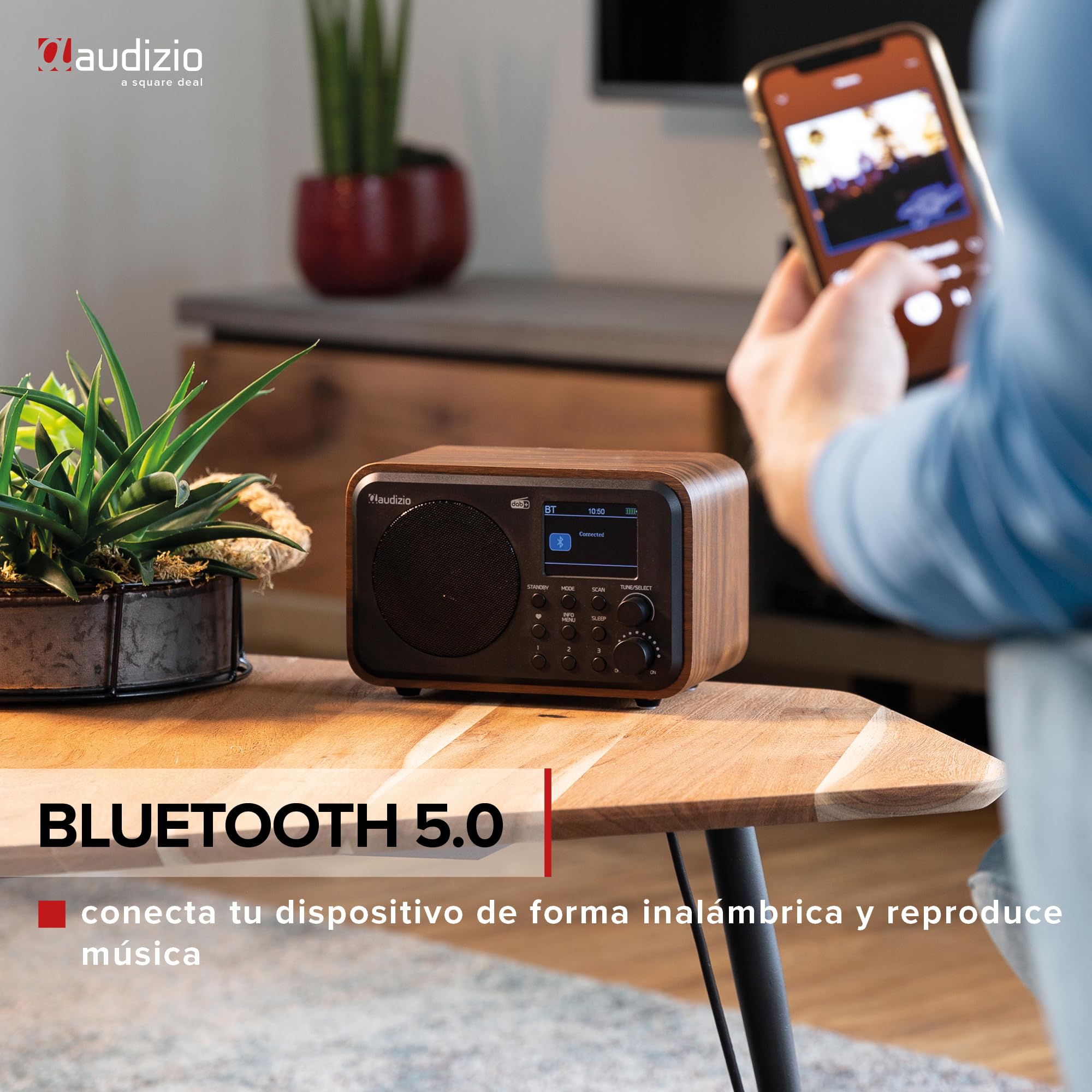 Audizio Vicenza - Radio digital DAB+/FM e Internet con Bluetooth 5.0, batería de 10h i pantalla a color, ideal para cocina, oficina o viajes, diseño compacto con WiFi integrado, acabado negro y madera