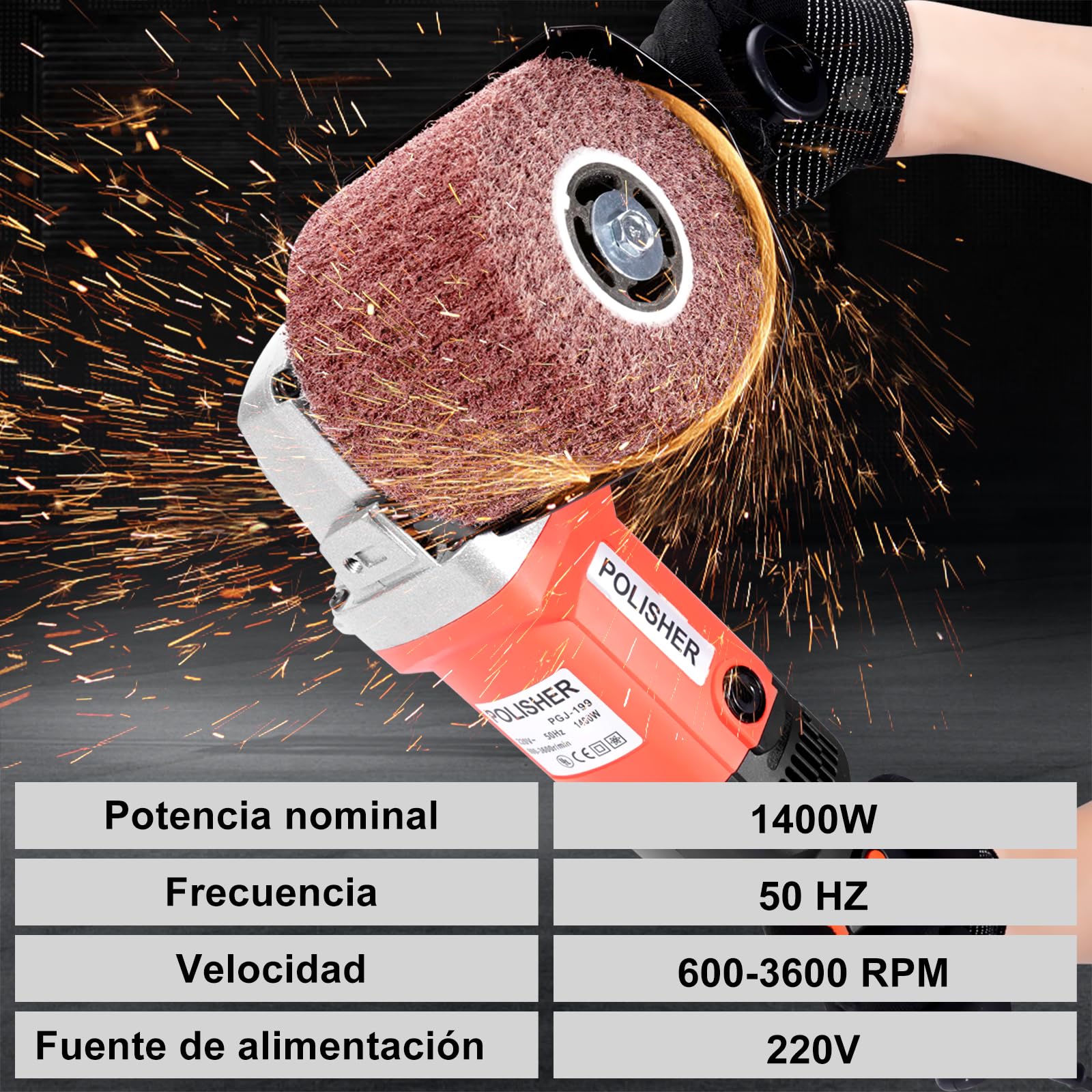 HYCHIKA BETTER TOOLS FOR BETTER LIFE 1400W Pulidora Eléctrica para Madera, Metal y acero Inoxidable, 8 Velocidades Variables, 600-3600RPM Lijadora de Rodillo, Máquina de Satinado, Ø120mm