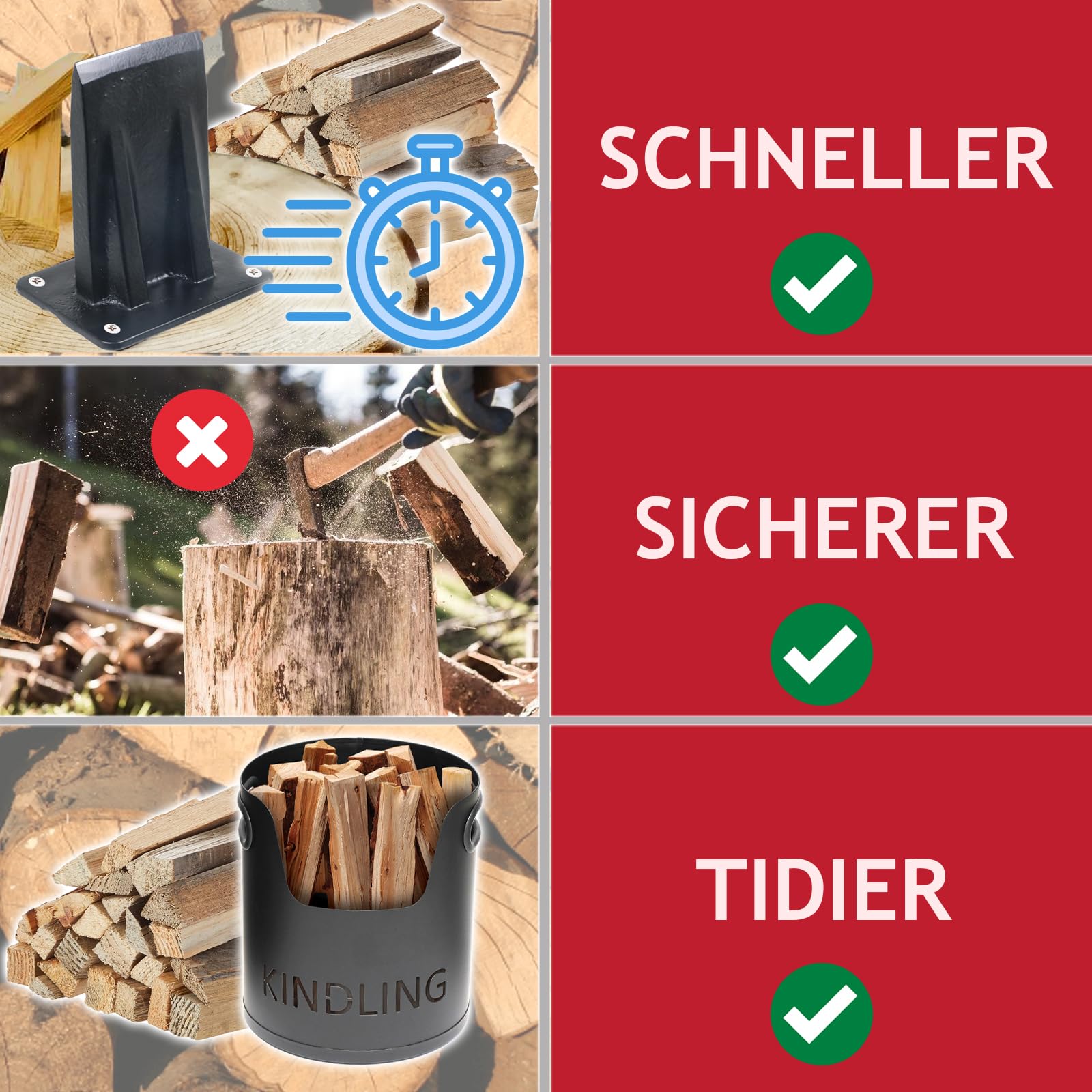 SPARES2GO Anzündholzspalter, Holzkeil, robust, zum Spalten von Brennholz, auf Holz montierte Axt, Meißel (3 kg, groß)