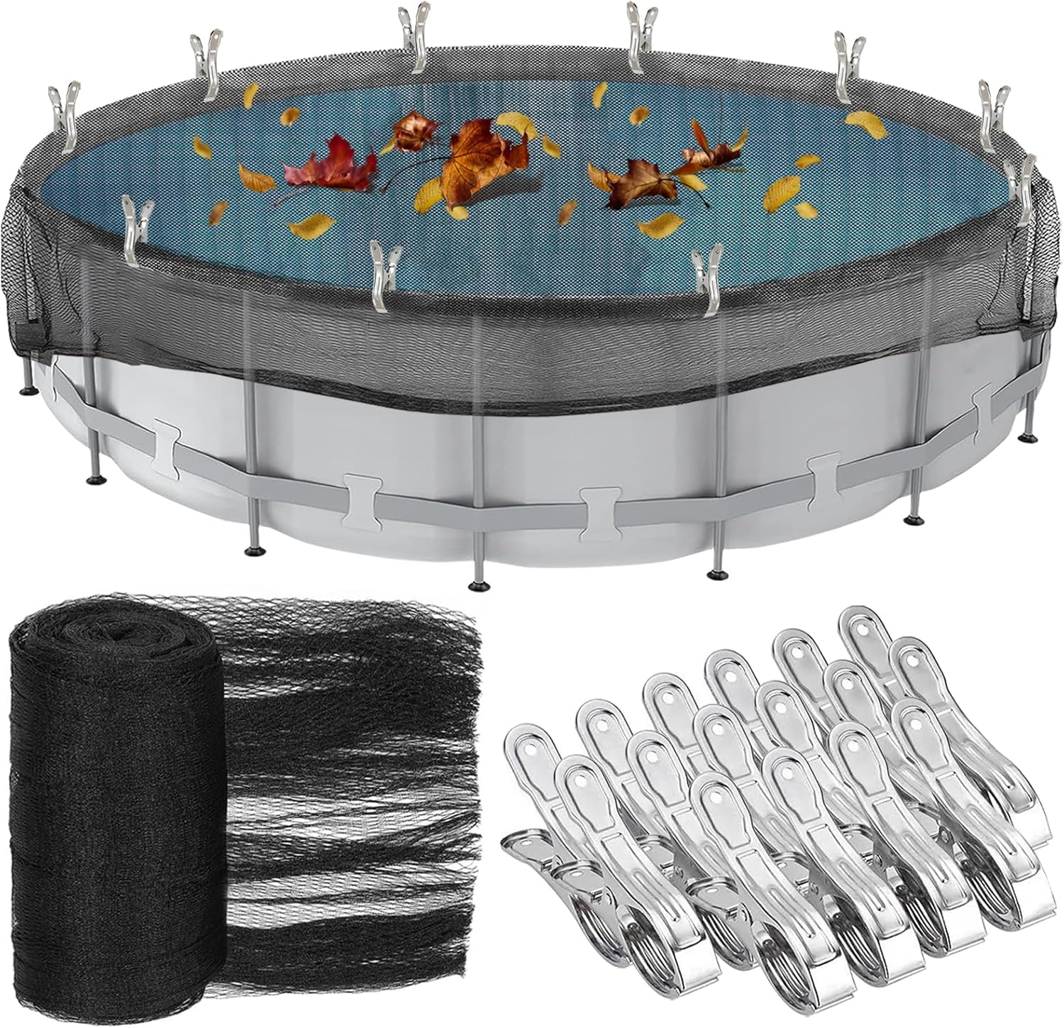24 Feet Round Leaf Net Cover for Above Ground Pool, Winter Cover Mesh Cover with 16 Pcs Large Metal Clips?Pool Safety Net Fits 24FT Above Ground Pools, Keeps Leaves Out of Your Pool