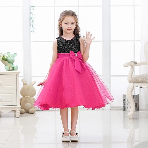 Dressy Daisy Girls Shimmery Special Occasion Dresses Wedding Flower Girl Pageant Gown Party Dress, Black Red(Black With Hot Pink,6-7)