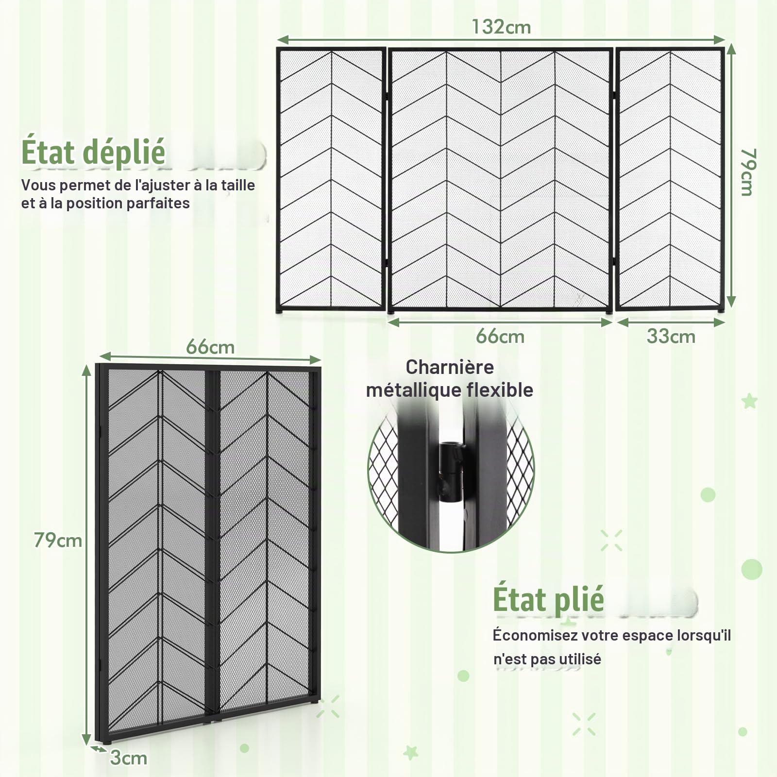 GIANTEX Écran de Cheminée 3 Panneaux, Pare-Feu de Cheminée 132 X 79 CM, Pare-étincelles pour Isolation des Étincelles et Cendres, Grille de Protection pour Poêle(Bande,132 x 79 cm)