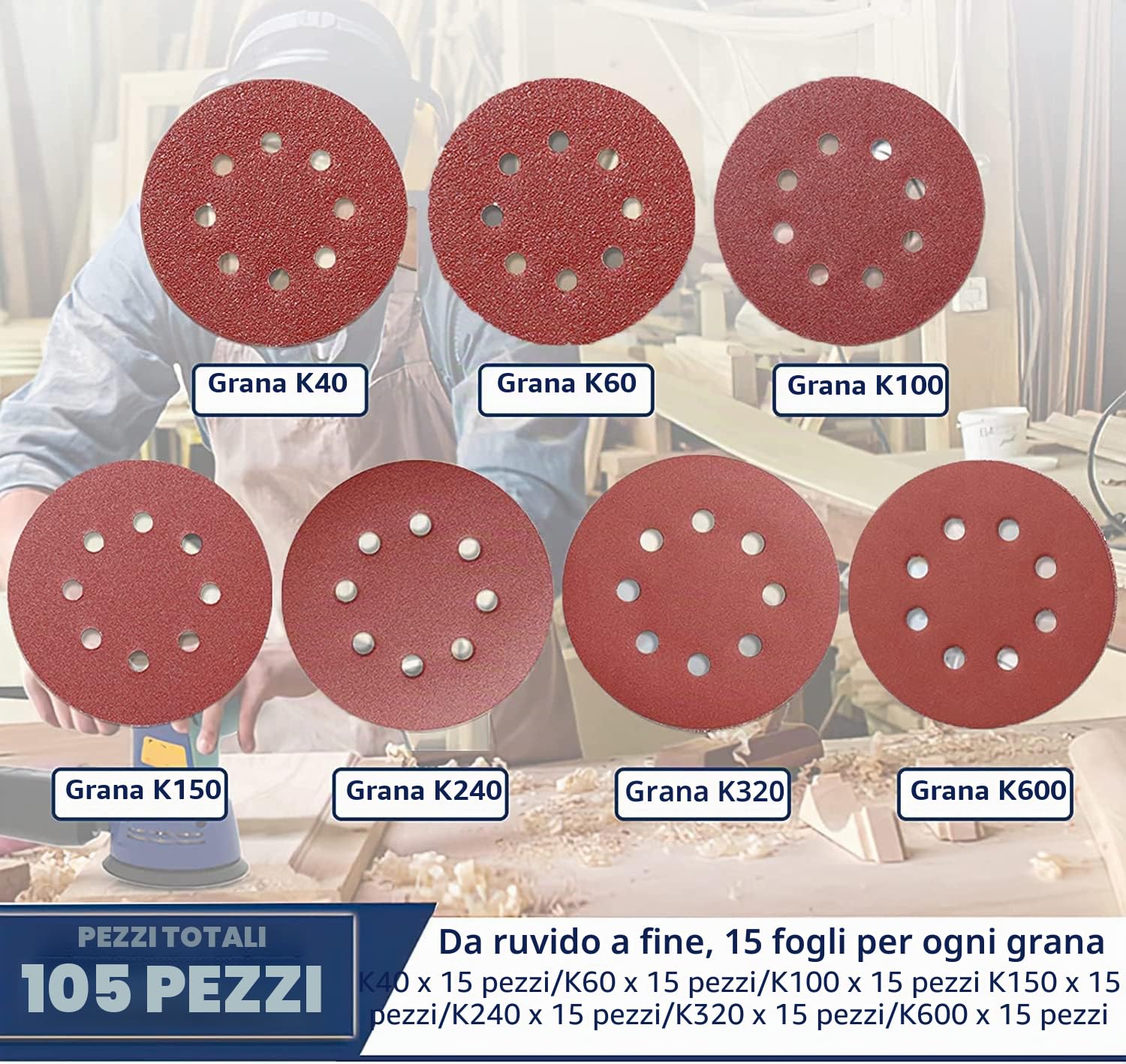 STEBRUAM 105 Pezzi Dischi Abrasivi 125mm, Carta Vetrata Abrasiva 8 Fori per Levigatrice Orbitale(Grana 40/60/100/150/240/320/600)