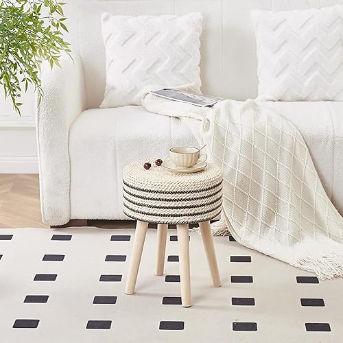 Miniatura 6 de Cpintltr Taburete otomano redondo de hierba marina natural, puf otomano con patas de madera maciza, reposapiés de jacinto tejido a mano, taburete