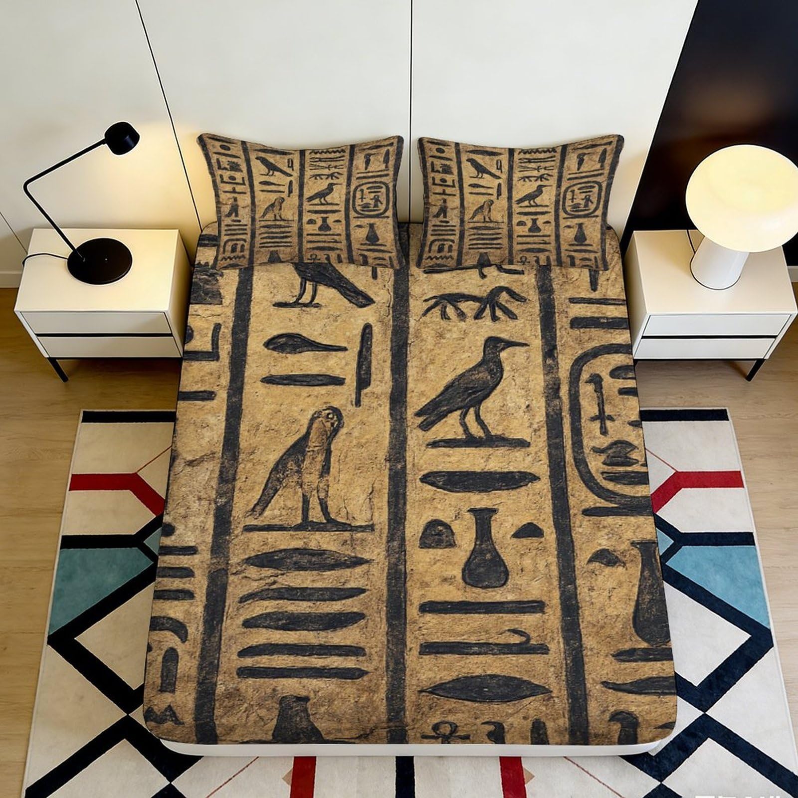 3D Printed Egyptian Hieroglyphs Fitted Sheet Microfiber Non-Slip Ancient Symbol Mattress Cover for Bedroom Decor 180x200x25cm