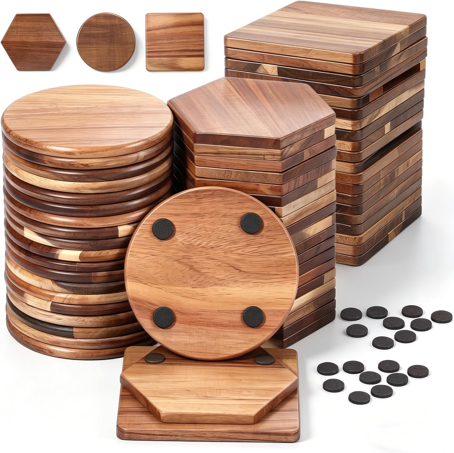 Zhehao 60 Pcs 4 Inch Acacia Unfinished Wood Coasters 30 Square 30 Round Wooden Coasters for Crafts with Non Slip Silicon Dots for DIY Stained Painting Wood Engraving Home Table Decoration