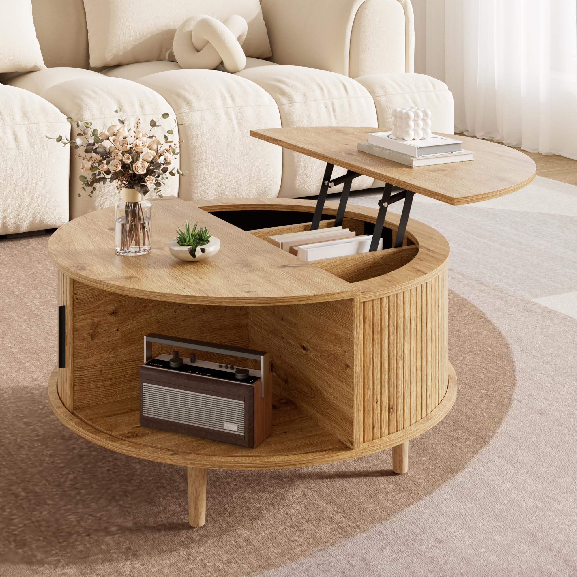 HAINEW Runder Couchtisch Wohnzimmertisch mit Höhenverstellbarer Tischplatte und Schiebetür, Sofatisch Beistelltisch Kaffeetisch mit Abgerundete Ecken, 80×80×59cm, HD26052604 (Eichenfarbe)