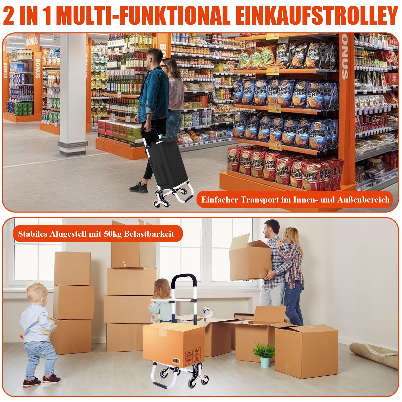 Einkaufstrolley Klappbar, 2 in1 Trolley zum Einkaufen, bis 50 kg, 56 l Kiste | Einkaufstasche mit 6 Rollen | Klappbarer Shopper | Klappbar Tasche abnehmbar | Einkaufsroller, Handwagen | Schwarz