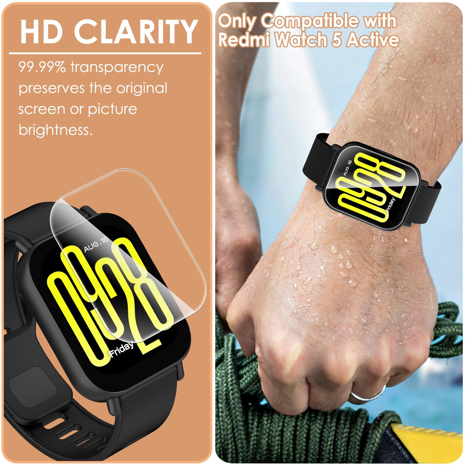 Hianjoo 6 sztuk folii ochronnej kompatybilnej z Xiaomi Redmi Watch 5 Active, nie nadaje się do 5/5 Lite, folia premium z pełnym pokryciem [odporna na zarysowania] [Anti-Shatter]