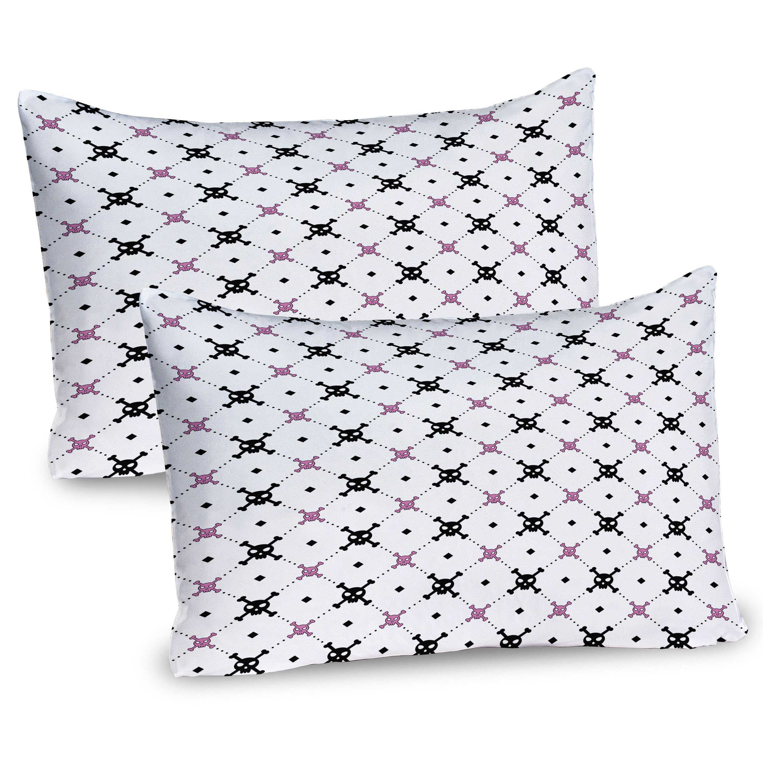 Ambesonne Skull Pillow Sham Set of 2, Girly Skull and Crossbones Checkered Pattern Simple Design Image, Quality Microfiber Bedding Item for All Seasons, 36