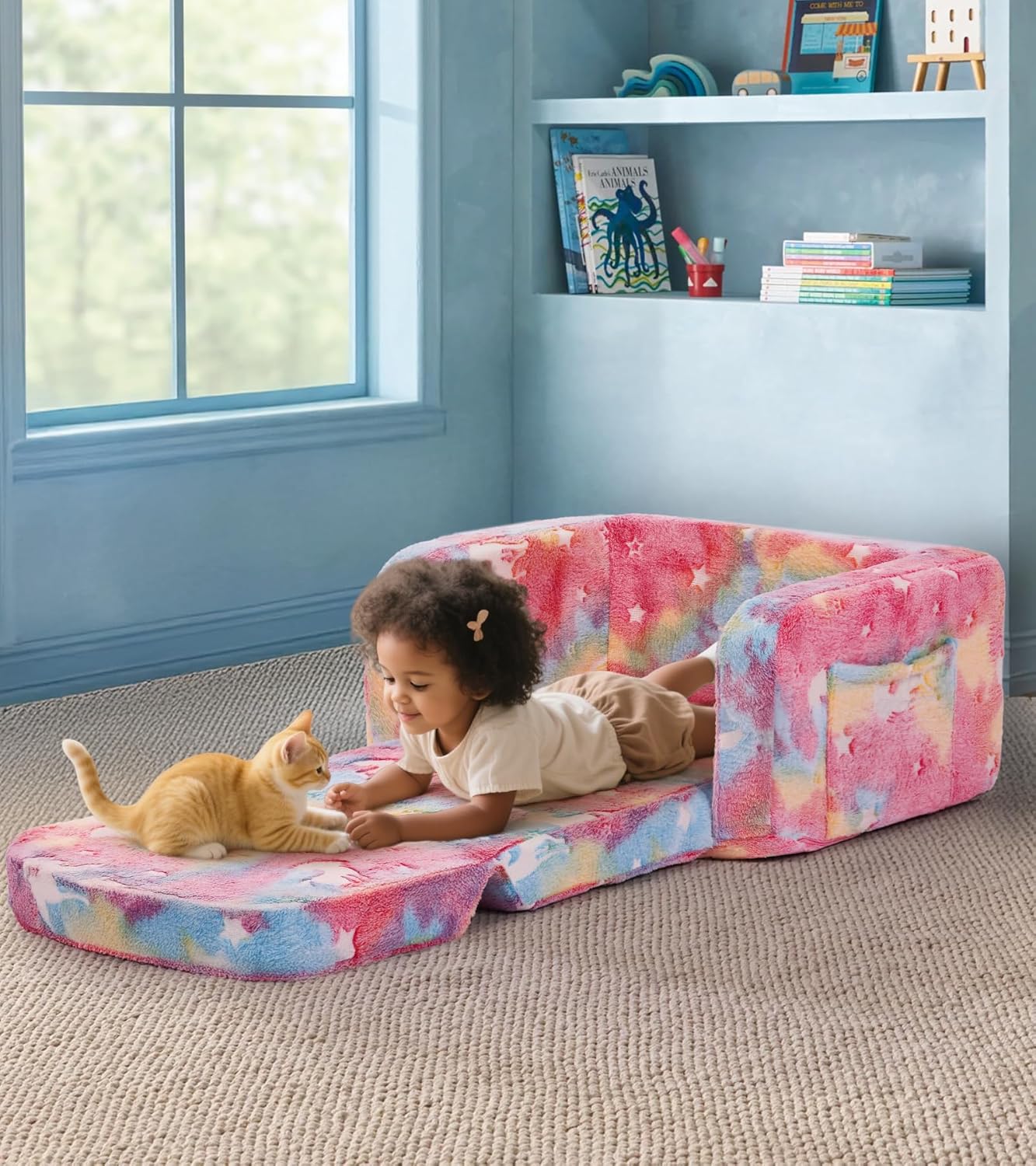 Kids Couch, 2-in-1 Soft Toddler Couch Fold Out with Blanket and Cloud Pillow, Glow in The Dark, Toddler Chair Comfy, Convertible Sofa, Gifts for Kids Girl Boys, Medium Pink Unicorn - Image 2