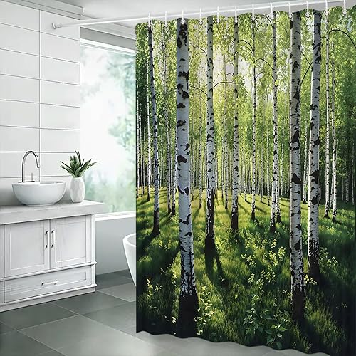 Miniatura 3 de Cortina de ducha de bosque verde, árbol de abedul blanco, paisaje natural, decoración del hogar, cortina con ganchos, 70 x 70 pulgadas