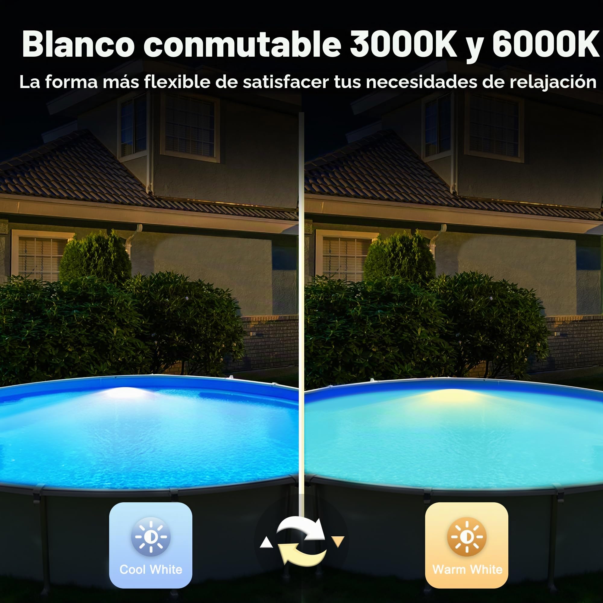 LyLmLe Foco Piscina LED con Rosca Externa 2", 18W Proyector LED Piscina 2 Colores Selectivos Blanco 3000K y 6000K, Ø242mm, 12V AC Lámpara Sumergible para Piscinas Elevada Acero