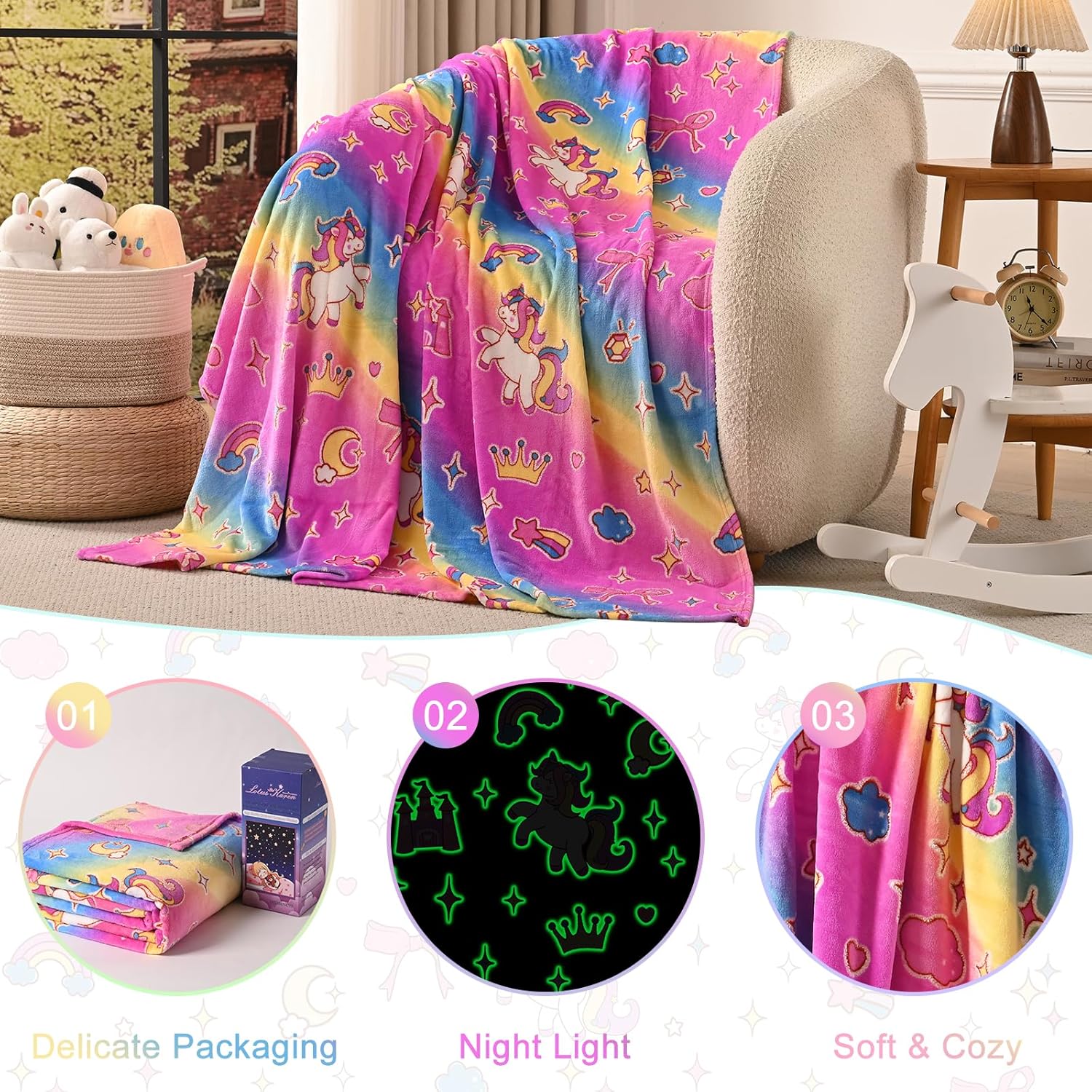 Lotus Karen Unicorn Glow in The Dark Blanket Unicorn Toys Girl Gifts for 1 2 3 4 5 6 7 8 9 10 11 12 Year Old Kids Blanket with Stars Cloud Crown Bow Birthday Halloween Room Decor(Rainbow 50"×60" - Image 6