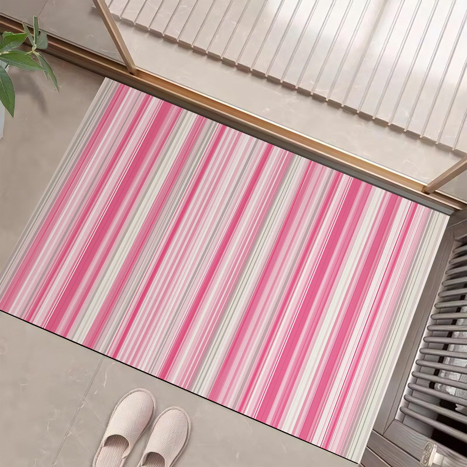 Tapis de porte 90x150cm à rayures dégradées rose et blanc