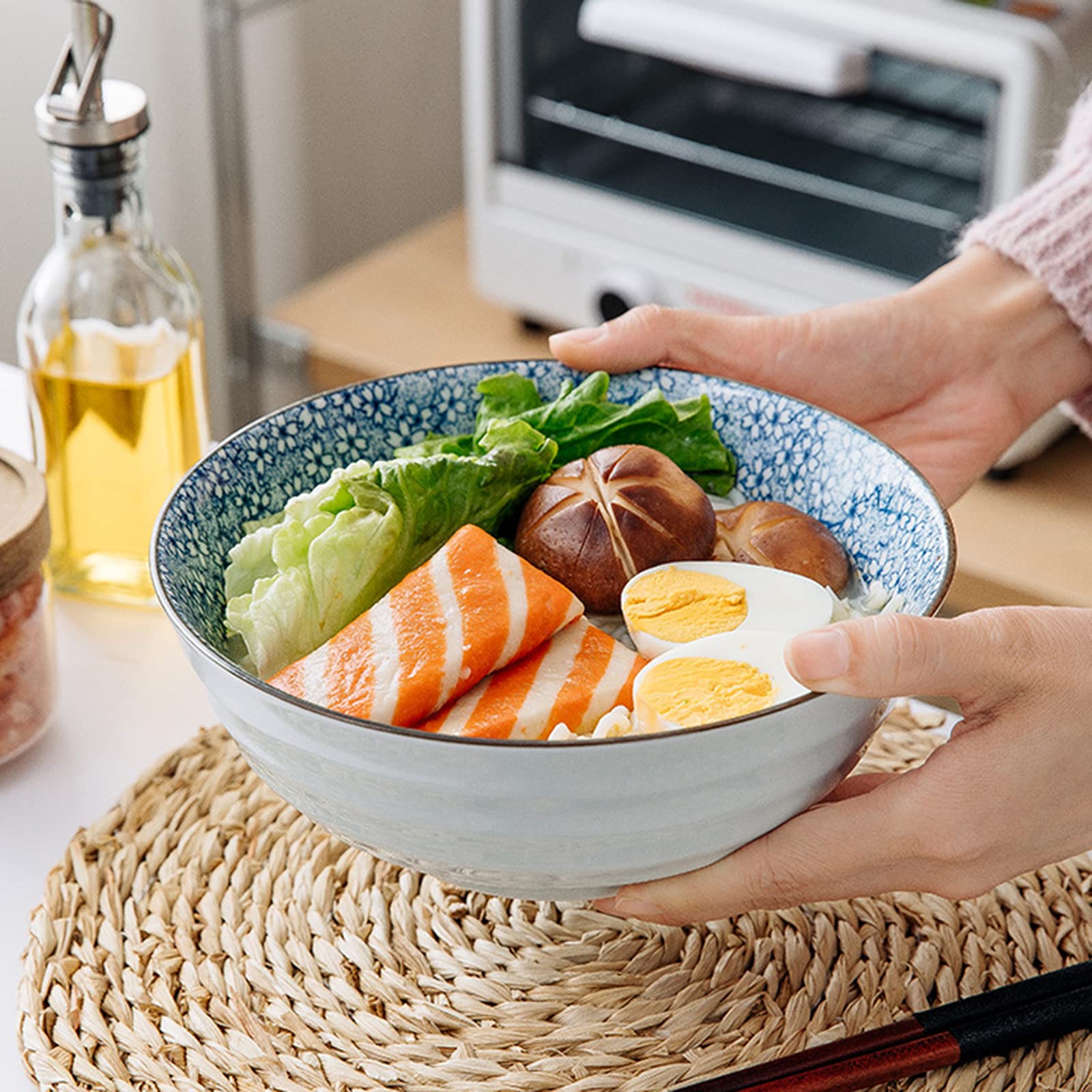 Tazas de Ramen, Conjuntos de Tazas de Pasta, Tazón de Sopa de Fideos de cerámica de 9 Pulgadas, (4 Piezas) Tazón de Ramen casero apilable japonés bajo vidriado for Cereales, arroz, Udon