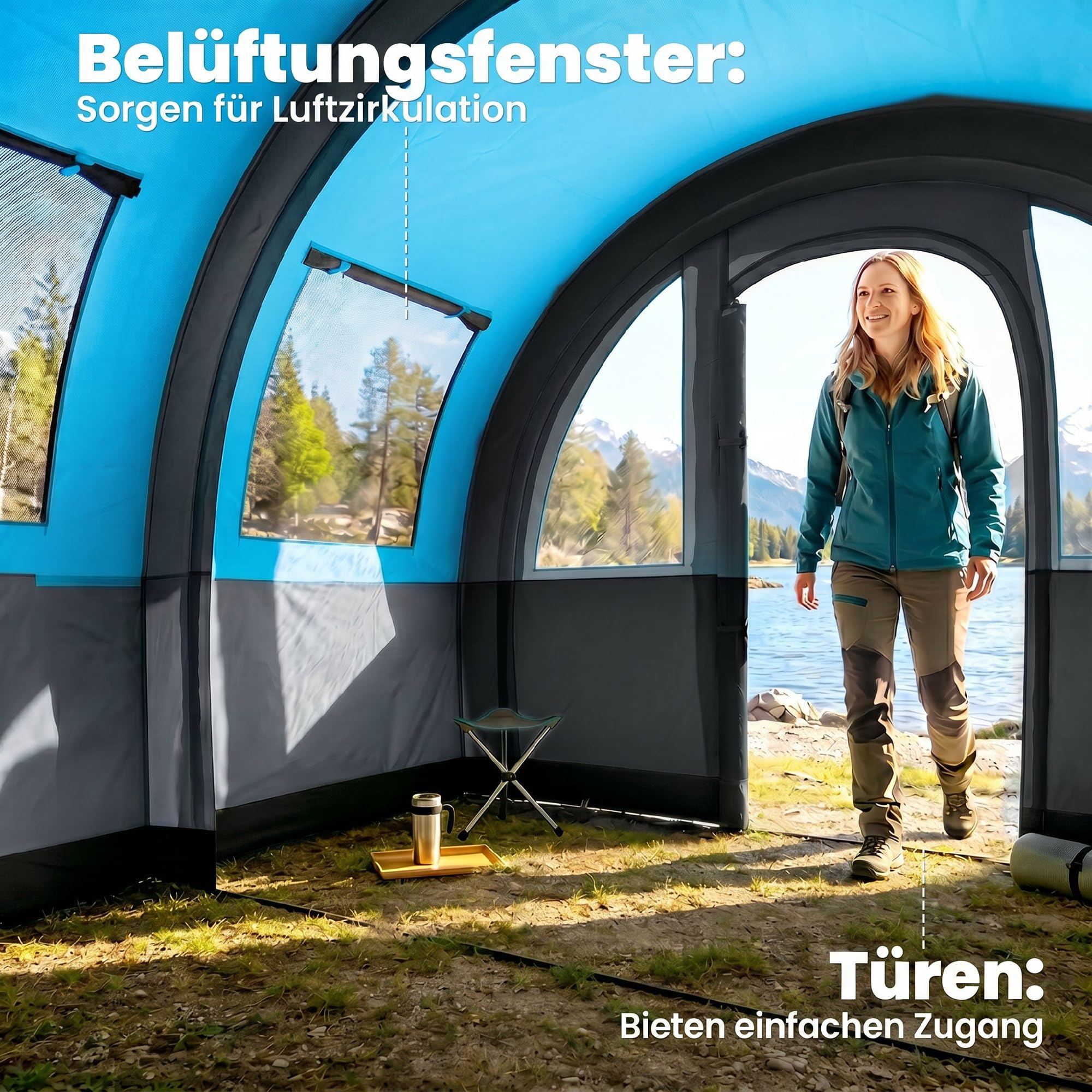 Outsunny Tunnelzelt, Campingzelt für 3 Personen, mit 2 Räumen, Lichthaken, groß Gruppenzelt mit Tragetasche, 3000mm Wasserabweisend Familienzelt, für Garten, Campingplatz