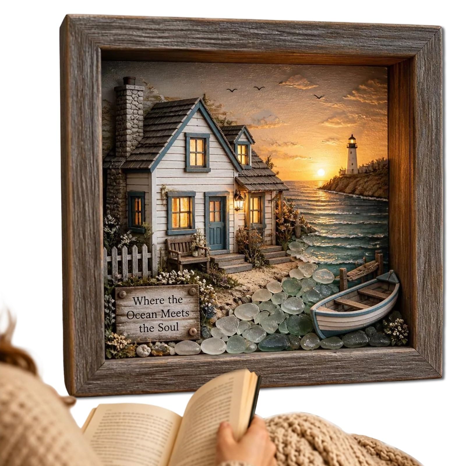 DIY Coastal Lighthouse Sea Glass Shadow Box Night Light, Soft Glowing Lighthouse Shadow Box, LED Framed Night Light, for Bedroom, Livingroom, Reading, Entryway, Feel More Relaxing(E)