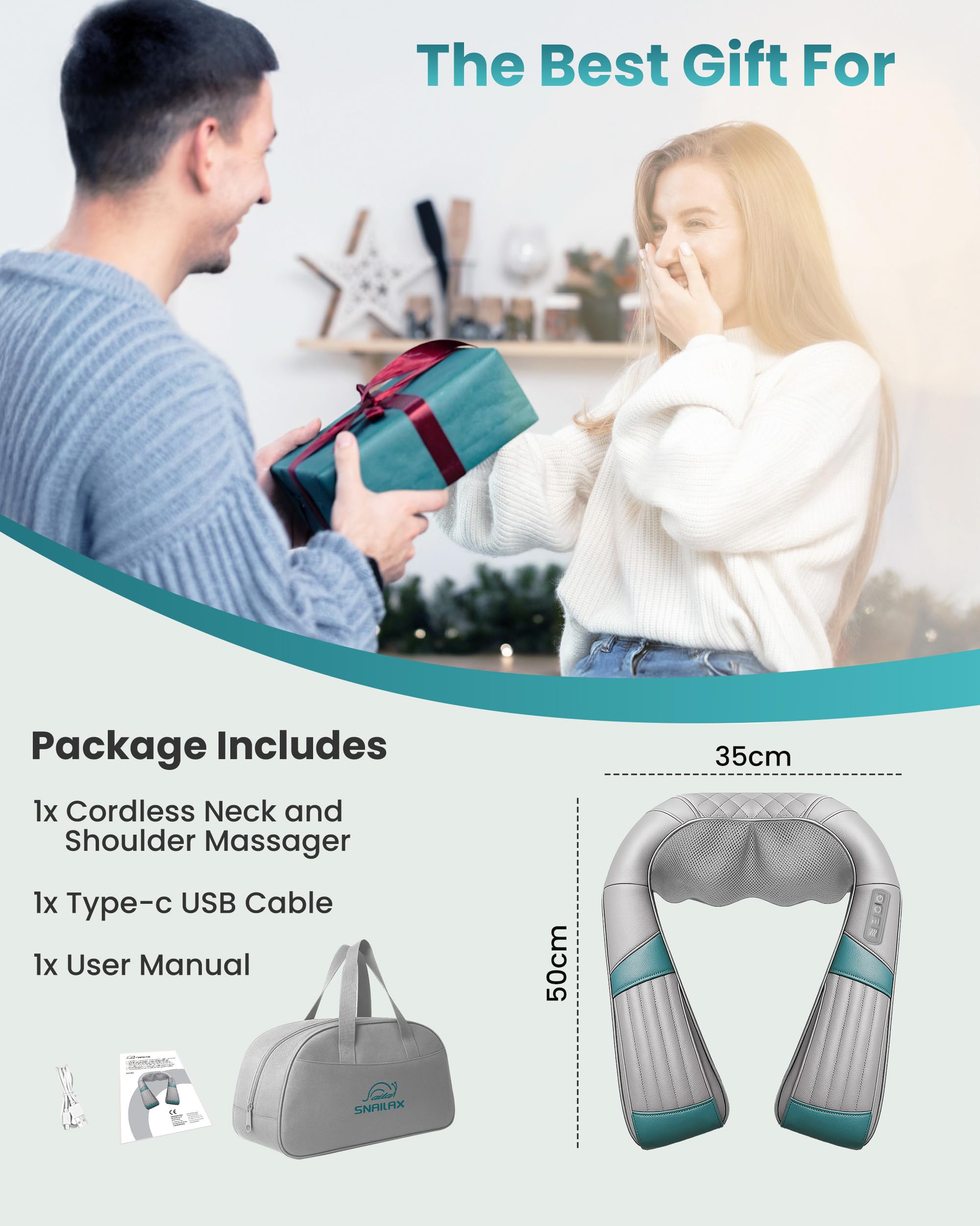 Snailax Masseur Cervical sans fil avec Chauffage, masseur de cou Shiatsu avec massage par pétrissage 4D, appareil de massage pour nuque épaules dos, cadeaux pour hommes/femmes